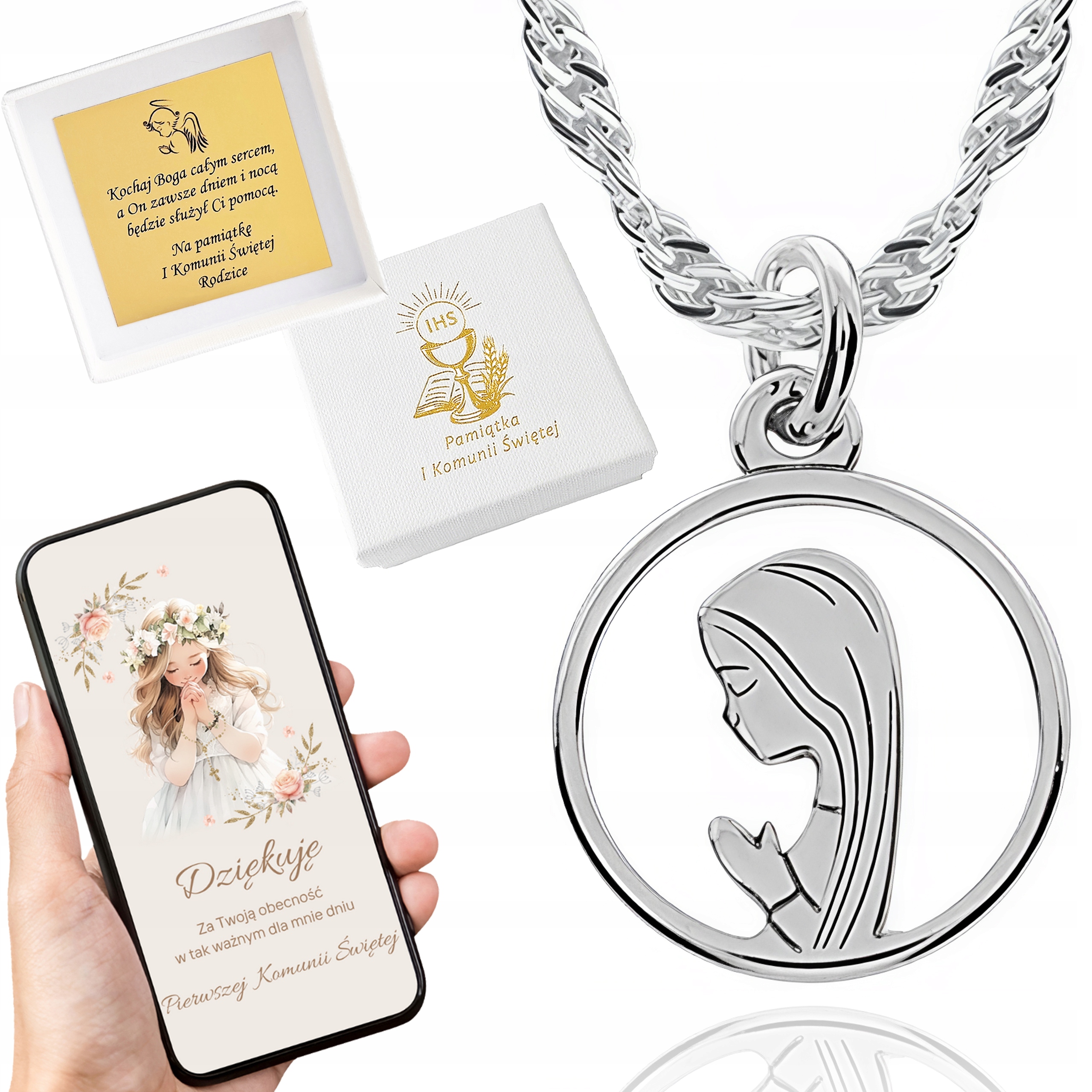 Łańcuszek srebrny medalik komunijny Matka Boska srebro 925 chrzest 45cm