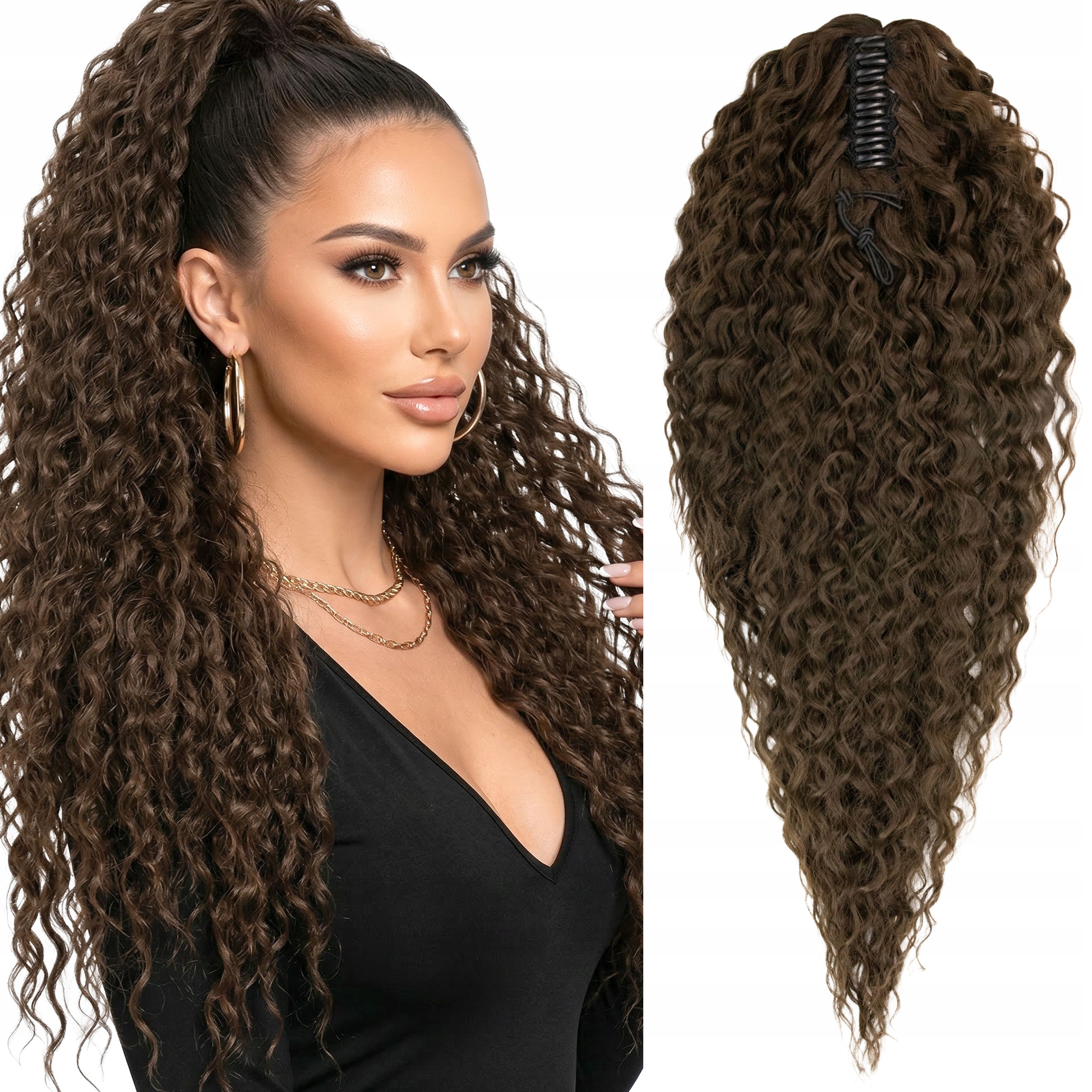 Připínací culík na sponu krabí vlasy umělé afroloky 65 cm hnědý