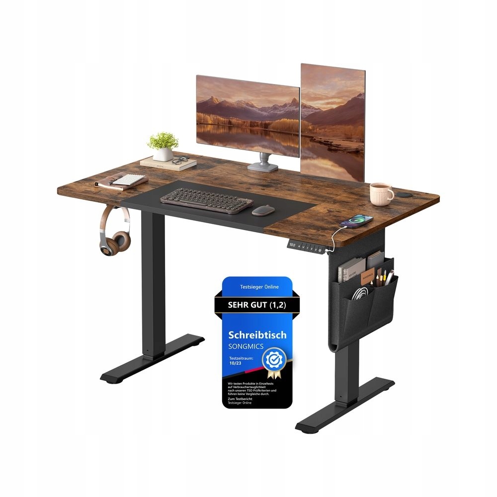 Elektrický písací stôl Songmics 120×60 cm, nastaviteľný, hnedo-čierny, vintage