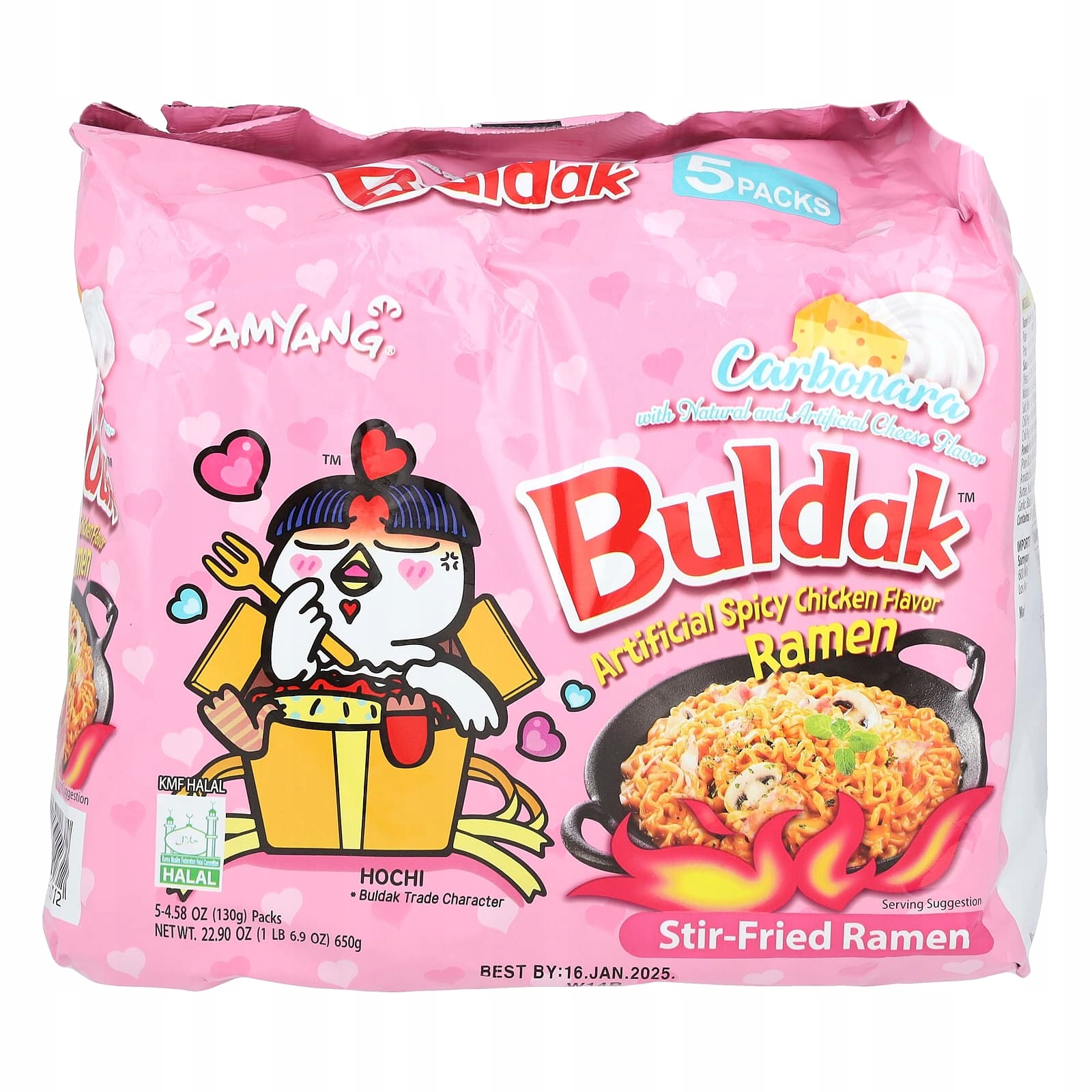 Buldak, smažený ramen, pikantní kuřecí maso, carbonara, 5 balení po 130 g