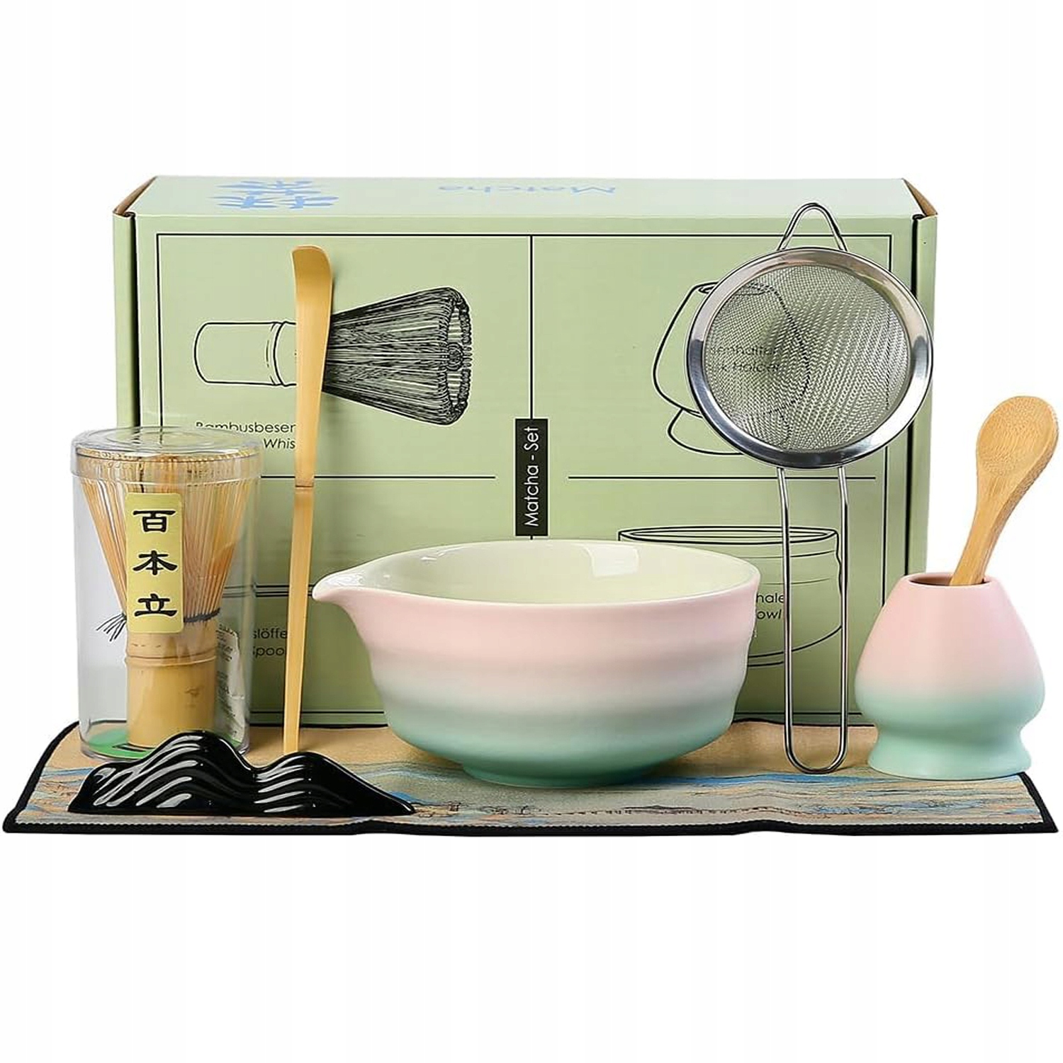 Levně Sada 8V1 Čajových Prvků Matchy Keramický Bambusový Dárek Růžová