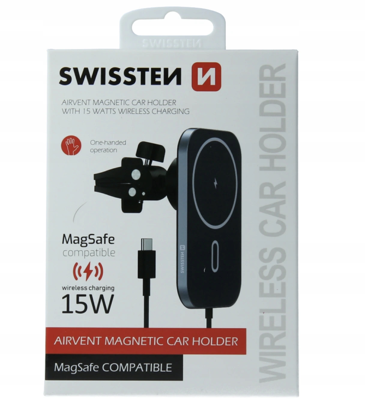 Swissten MagSafe magnetický držák do auta s nabíječkou, na výdech, 15W