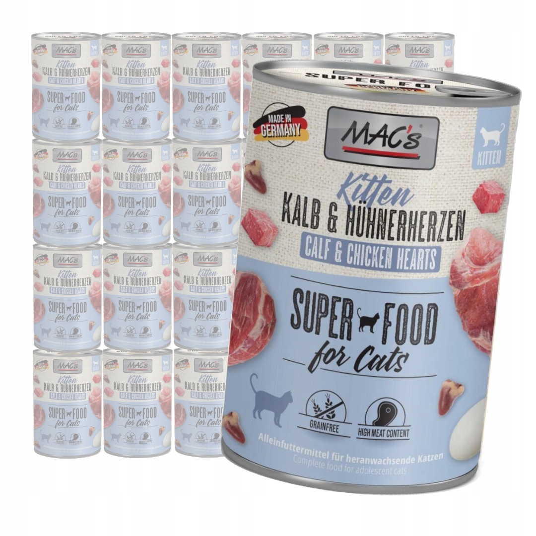 Levně MAC's Kitten Vlhké Krmivo pro koťata Telecí srdce Drůbeží 24x400g