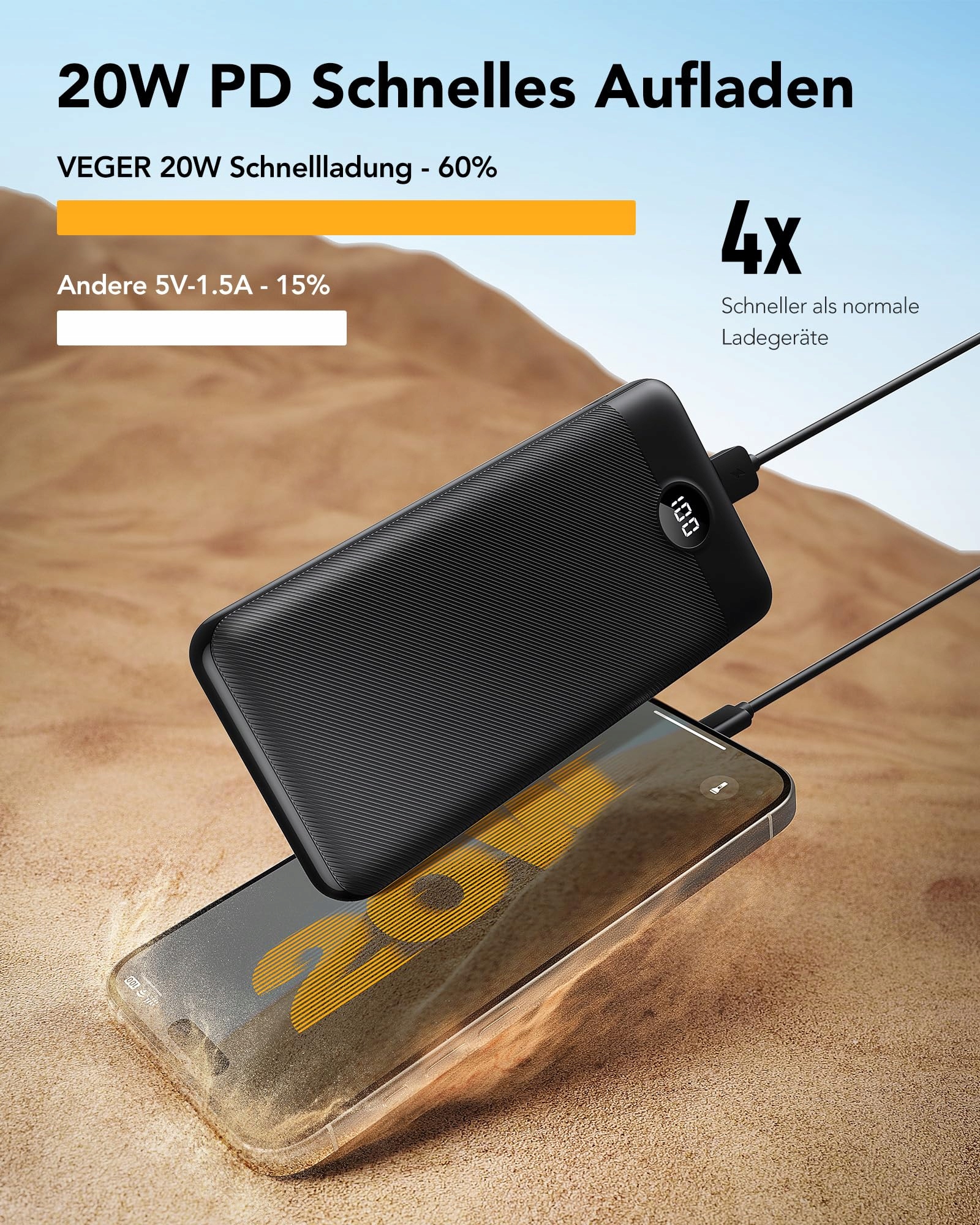 VEGER Power Bank 27000mAh 20W PD USB C, 4 Outputs, LED, iPhone/Samsung — miniatura 2