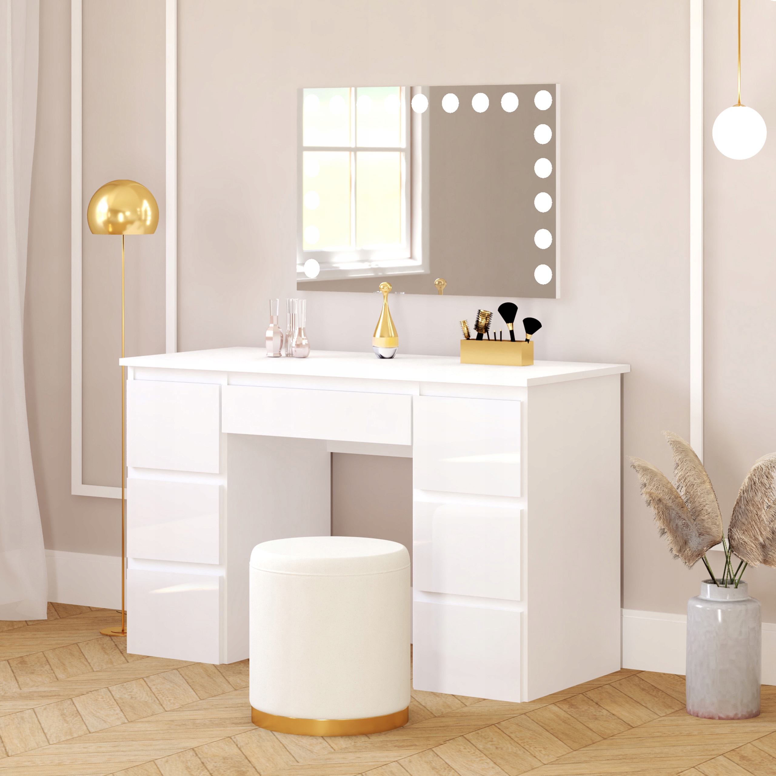 TOALETKA BIAŁY POŁYSK LUSTRO Z OŚWIETLENIEM LEDOWYM LED POJEMNE SZUFLADY Marka AgatMebleGrzybek