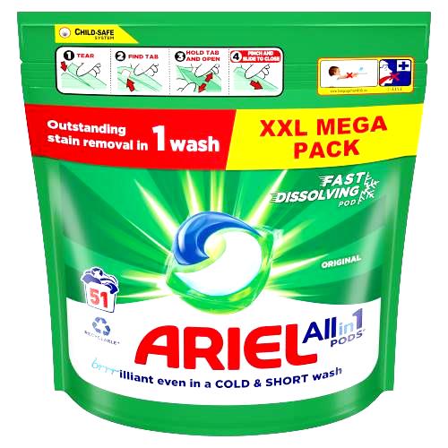 Levně Kapsle na praní s odstraňovačem skvrn Ariel univerzální Original Pods 51 kusů