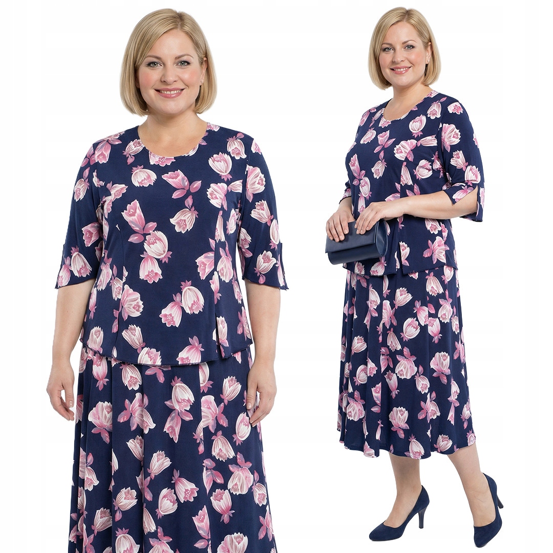 Tmavě modrý komplet s růžovými květy plus size velikost 60/62