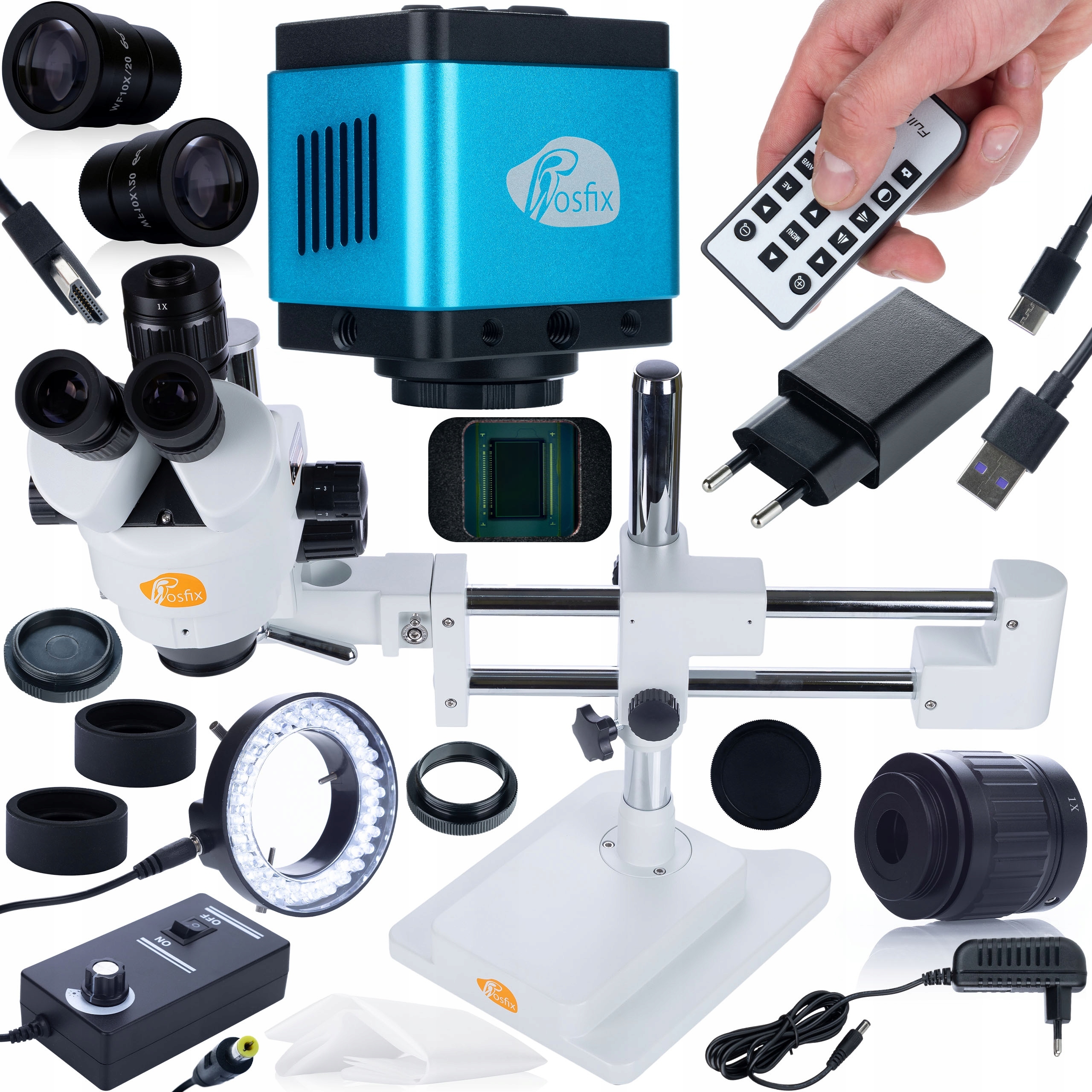 Trinokulární Stereoskopický Mikroskop Kamera 4K Set Osvětlovač 144xLED