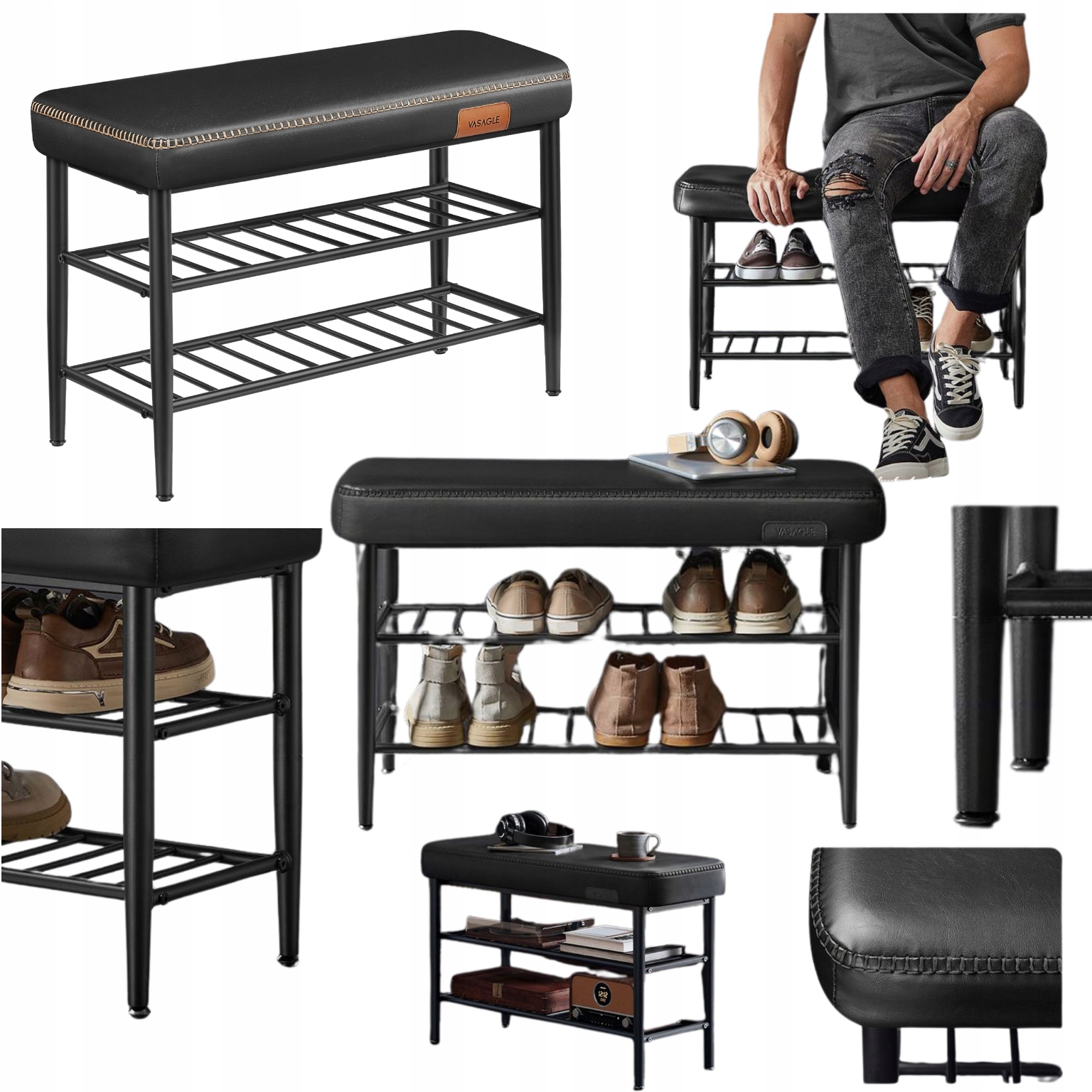 Regál na topánky 2 úrovne, skrinka, čalúnená lavička, kovová, s policami