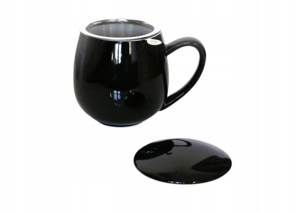 Levně Lesklý porcelánový černý hrnek s nerezovou konvičkou a víčkem