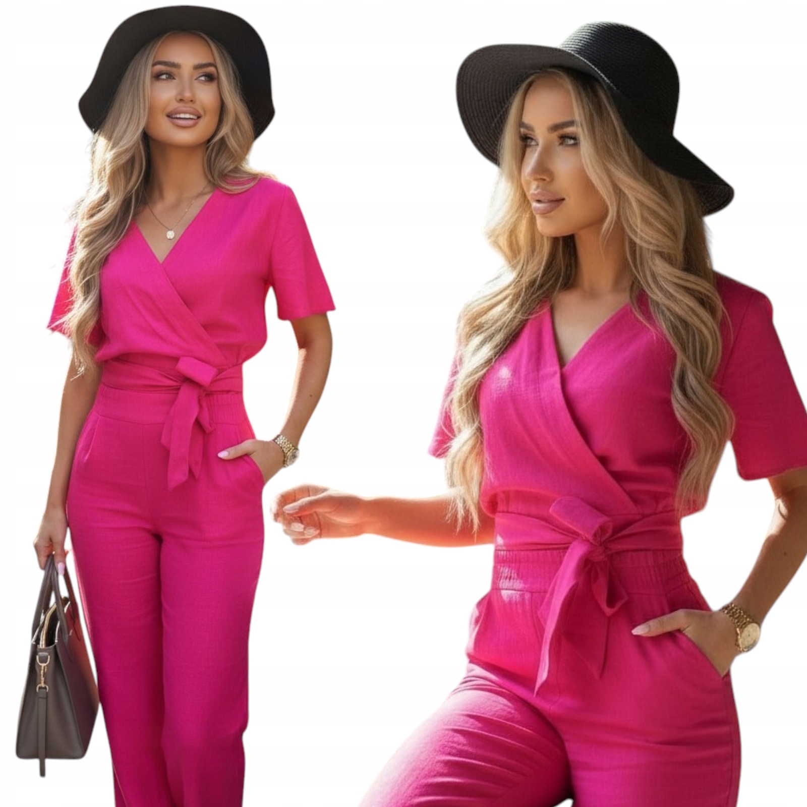 Dámský komplet halenka kalhoty Polská výroba Len & viskóza Fuchsiová S