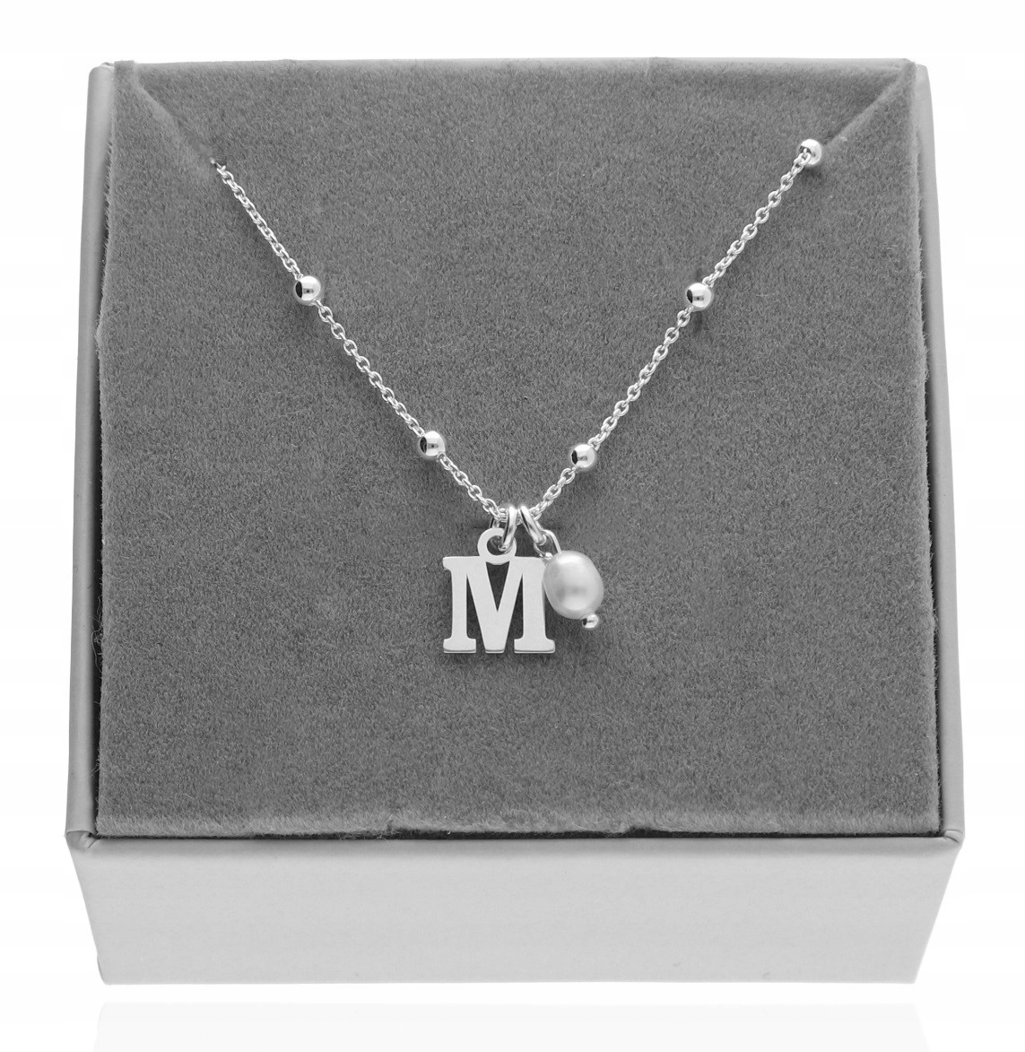 Stříbrný náhrdelník s písmenem M nebo jinou perlou, příroda, Přírodní Kámen, 40 cm