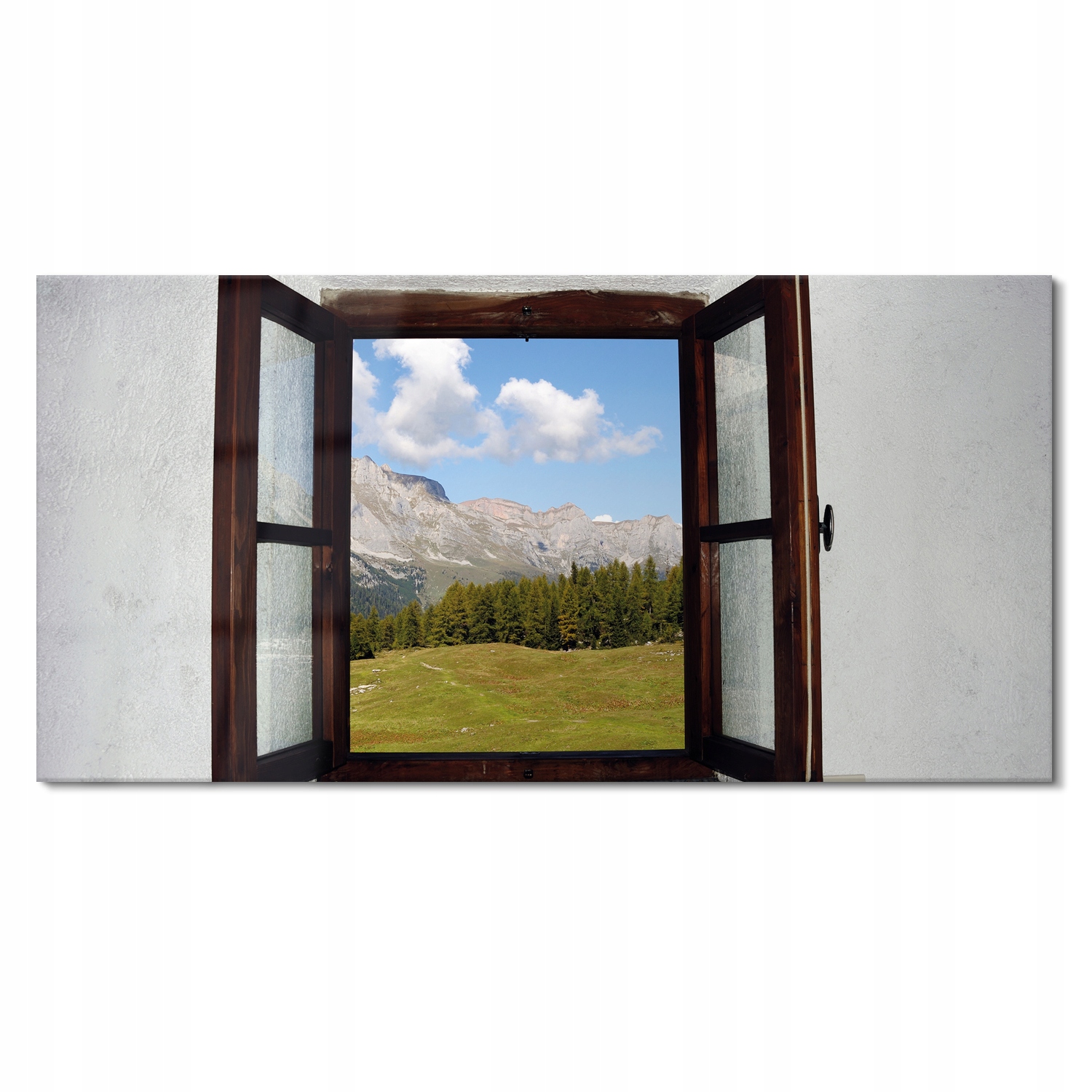 Foto na skle do ložnice Okno výhled na hory 120x60