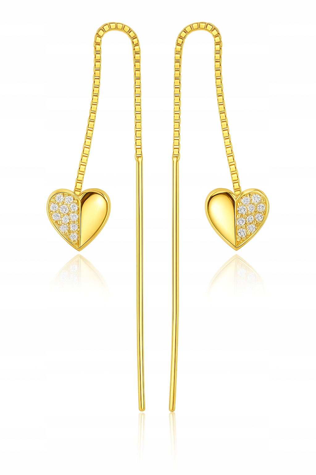 Złote kolczyki 925 Wiszące Łańcuszki Przeciągane Serca Złocone
