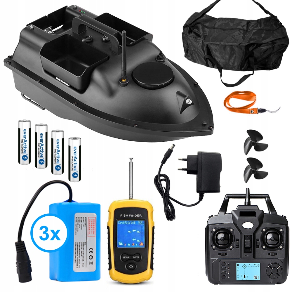 Návnadová loď Flytec V010 Vzdálená Gps 3 komory Taška 3x Aku 1.2 Ah Sonar Rf