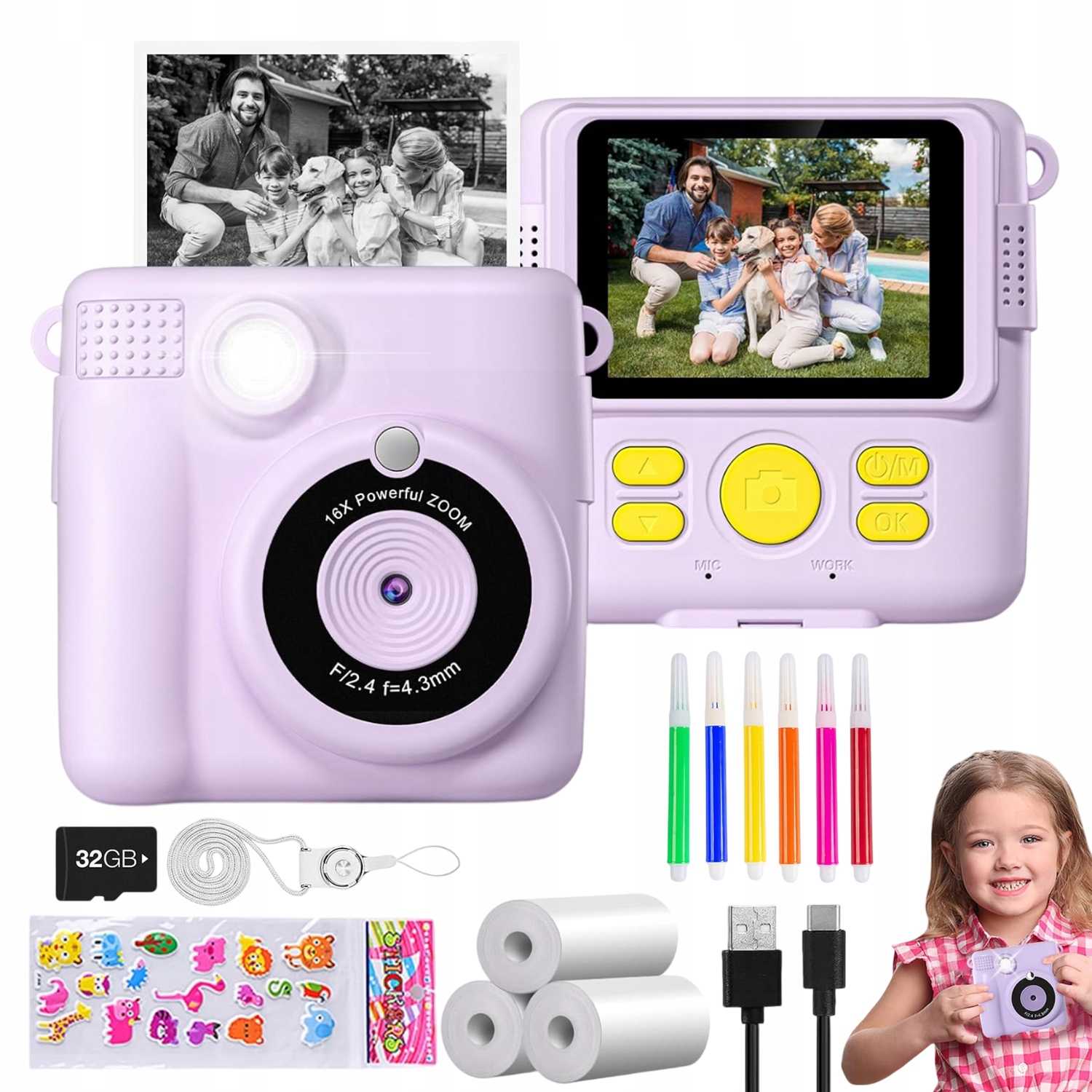 Instantní Fotoaparát Pro Děti Full Hd Mini Tiskárna 32GB Karta 3 Role