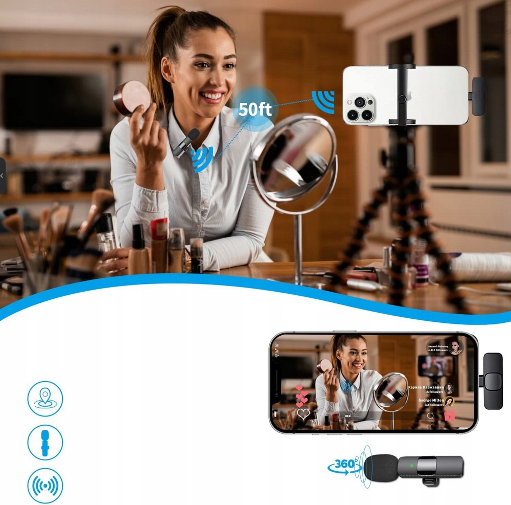 2x Mikrofon bezprzewodowy krawatowy do Lightning iPhone Vlog Podcast Charakterystyka kierunkowa dookólna (kołowa)