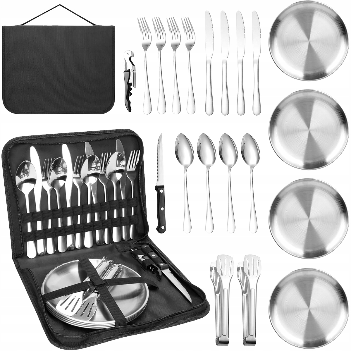 Zestaw piknikowy turystyczny biwakowy sztućce talerze metal 4OSÓB+ etui
