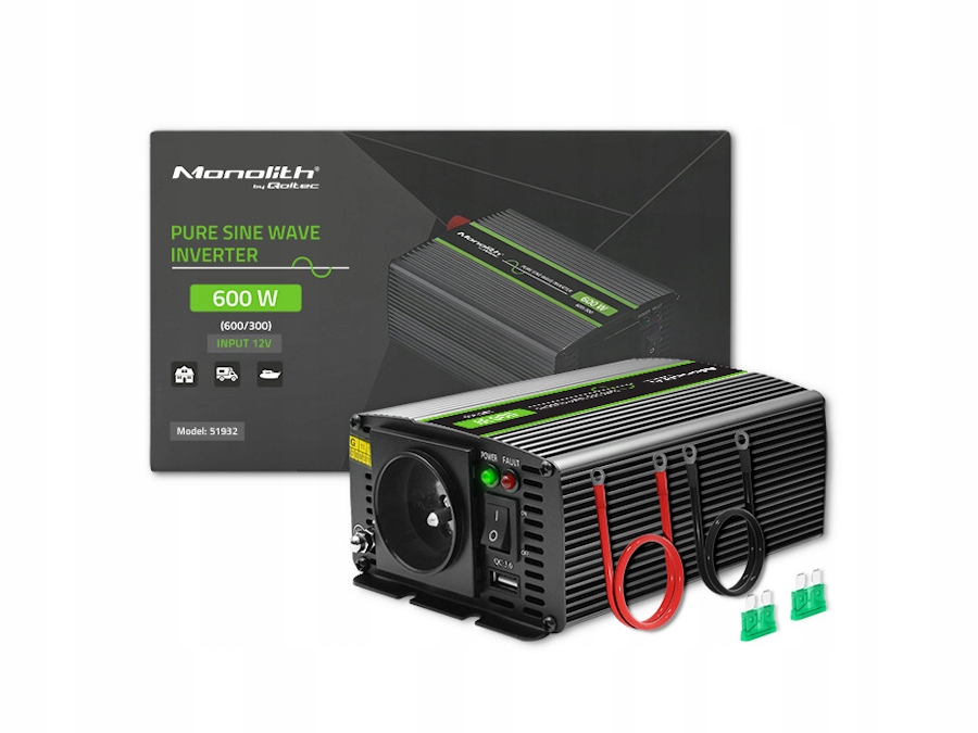 Przetwornica napięcia Monolith 300W 600W 12V na 230V Czysty Sinus Qoltec