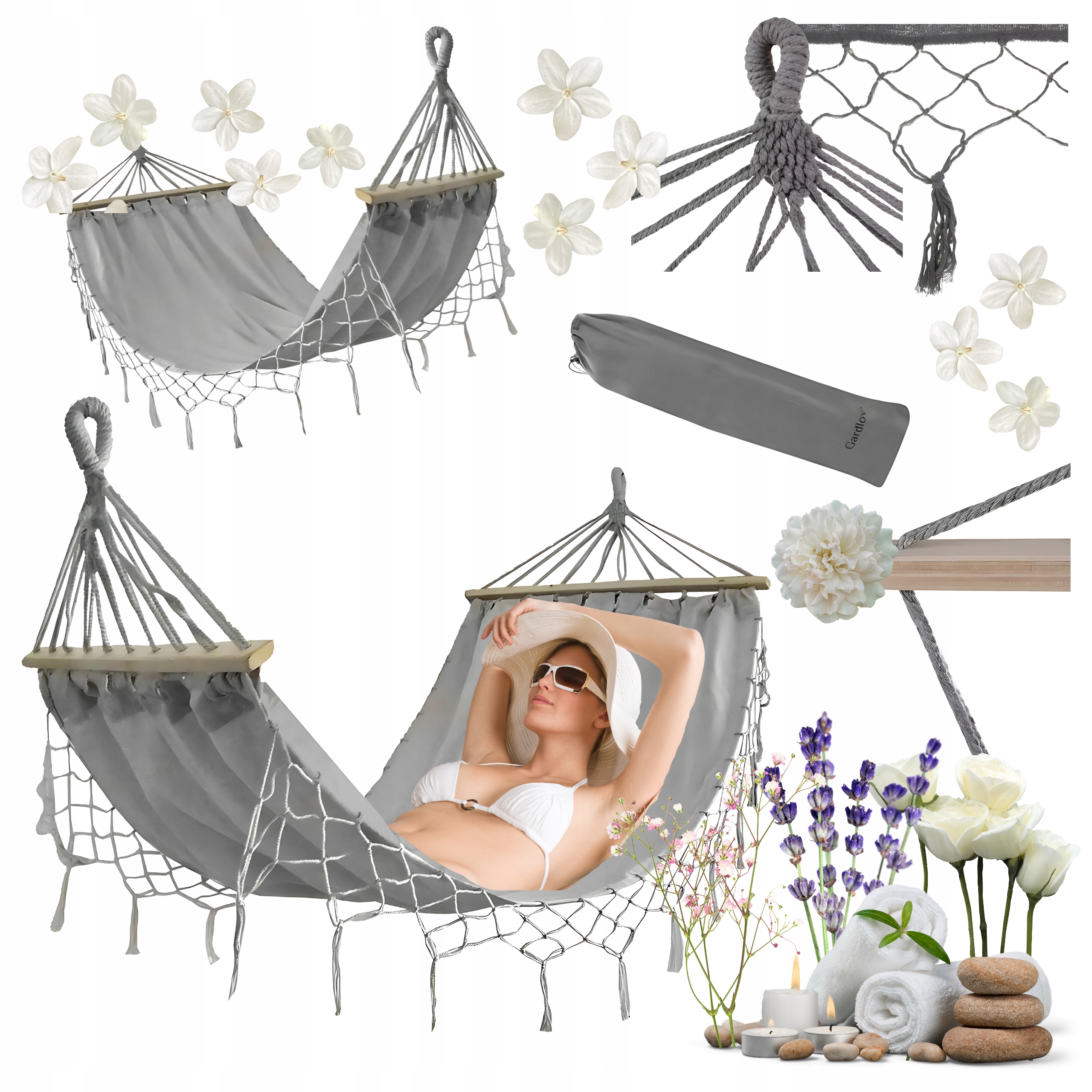 Hamak Ogrodowy Dwuosobowy XXL Gardlov 250KG Drążki Boho Pokrowiec Szary