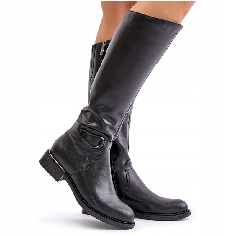 Kozačky Přírodní Kůže Před Koleno Plochý Podpatek Zazoo 70140 Černé 37