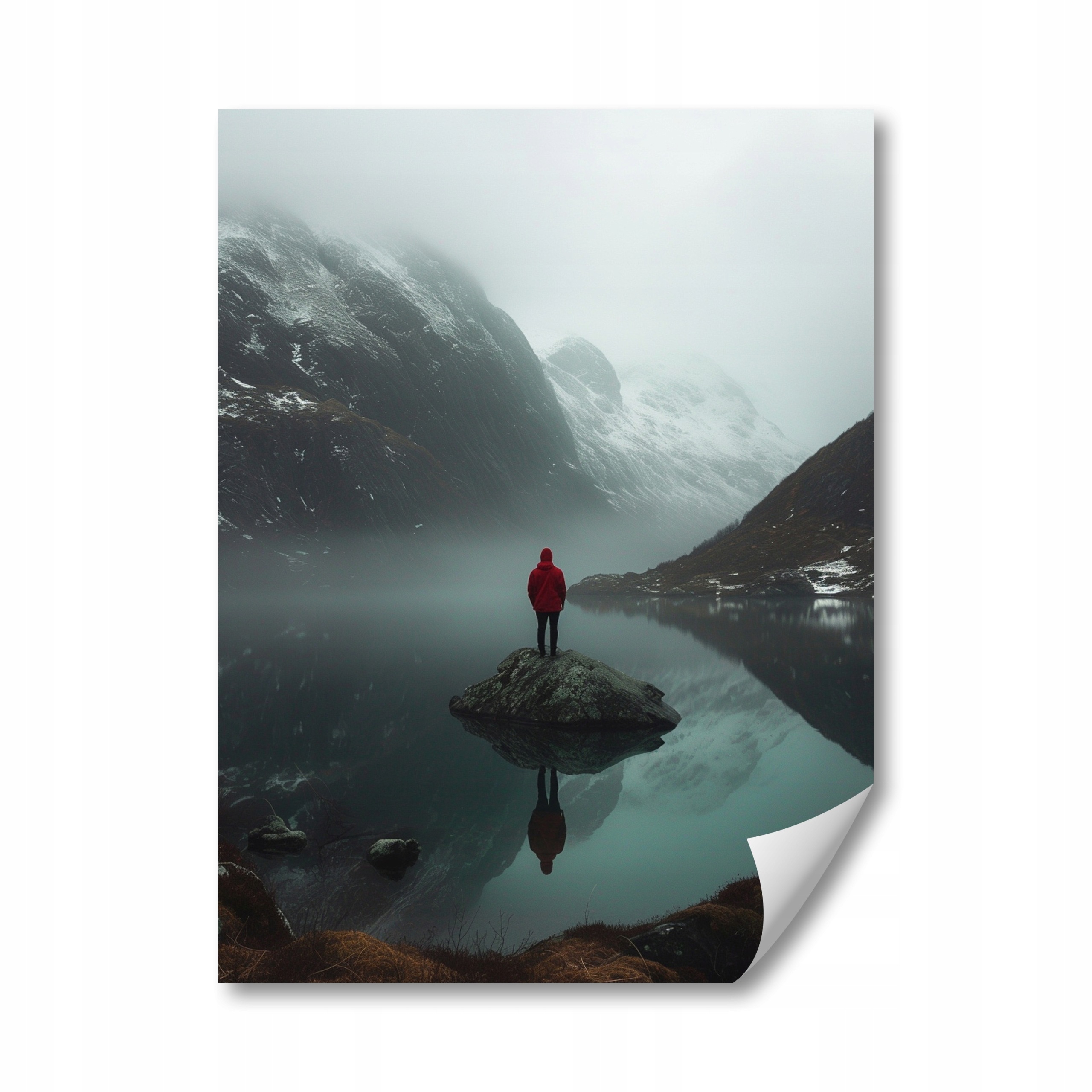 Plakát Norsko Hory Fiord Zima Člověk Samota 60x80
