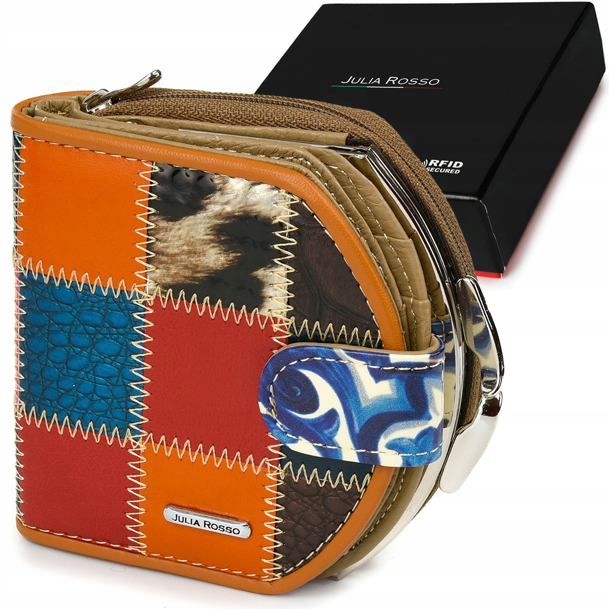 

Patchwork portfel Skórzany RFiD pudełko mały skóra
