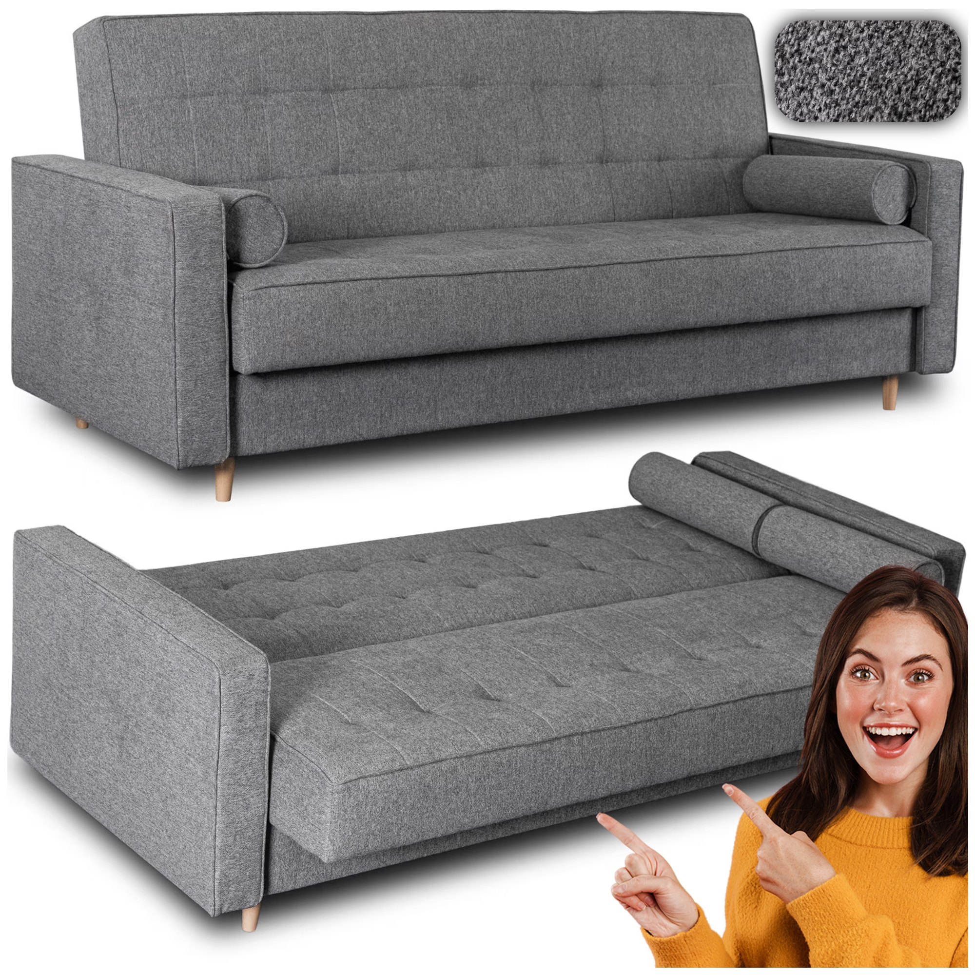 Wersalka Rozkładana Sofa Kanapa Z Funkcją Spania Dwuosobowa Szara Malta