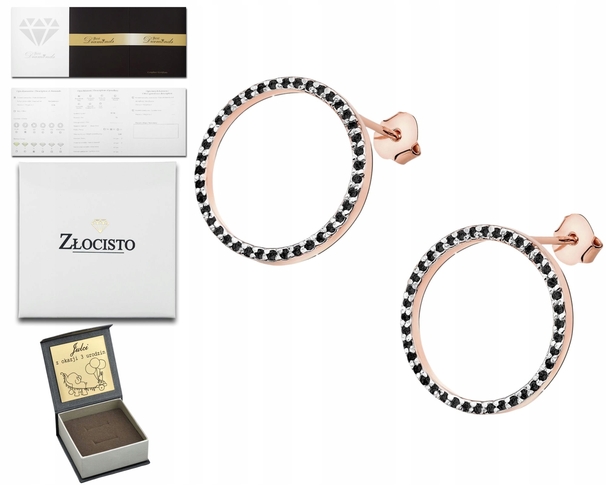 Náušnice Růžové Zlato S Černými Brilianty Gravírování 585 Dárek