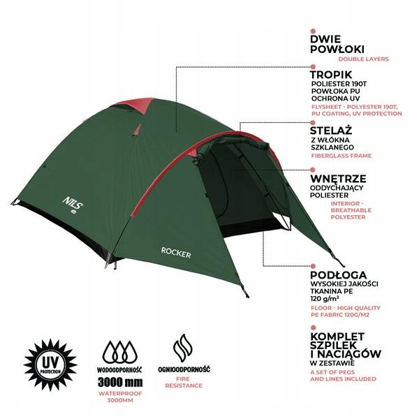 NAMIOT SOLIDNY TURYSTYCZNY GÓRSKI KEMPINGOWY DWUPOWŁOKOWY 3OSOBOWY NILS Model NC6013