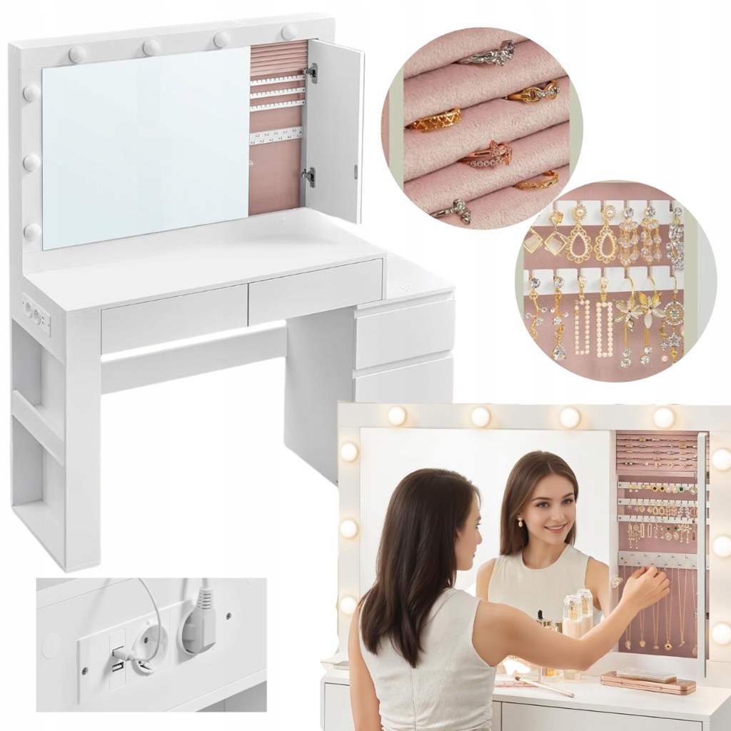 Toaletný stolík s Led osvetlením a zrkadlom, skrinka na šperky, písací stôl s zásuvkou