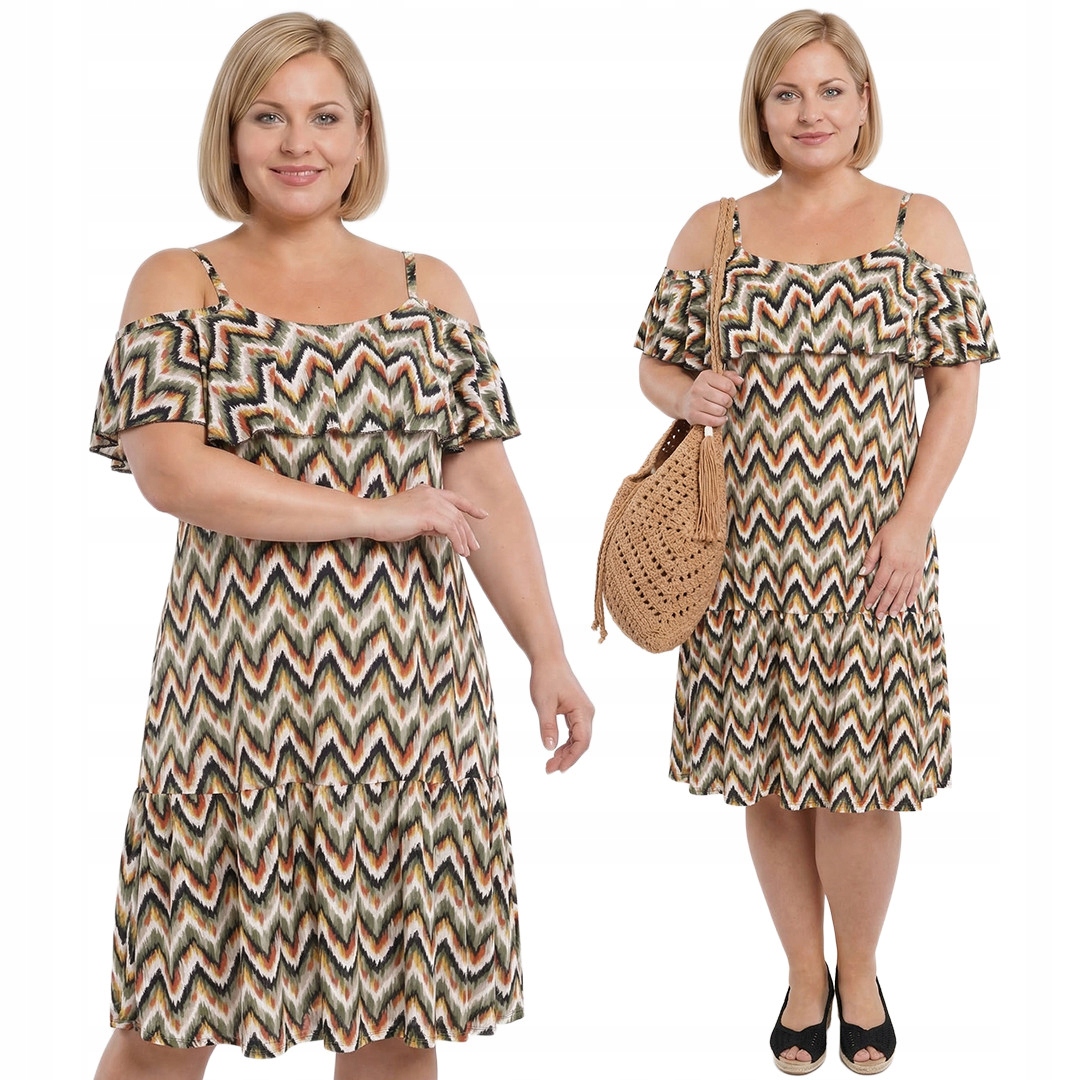Šaty na ramínkách s khaki vzorem plus size velikost 58/60