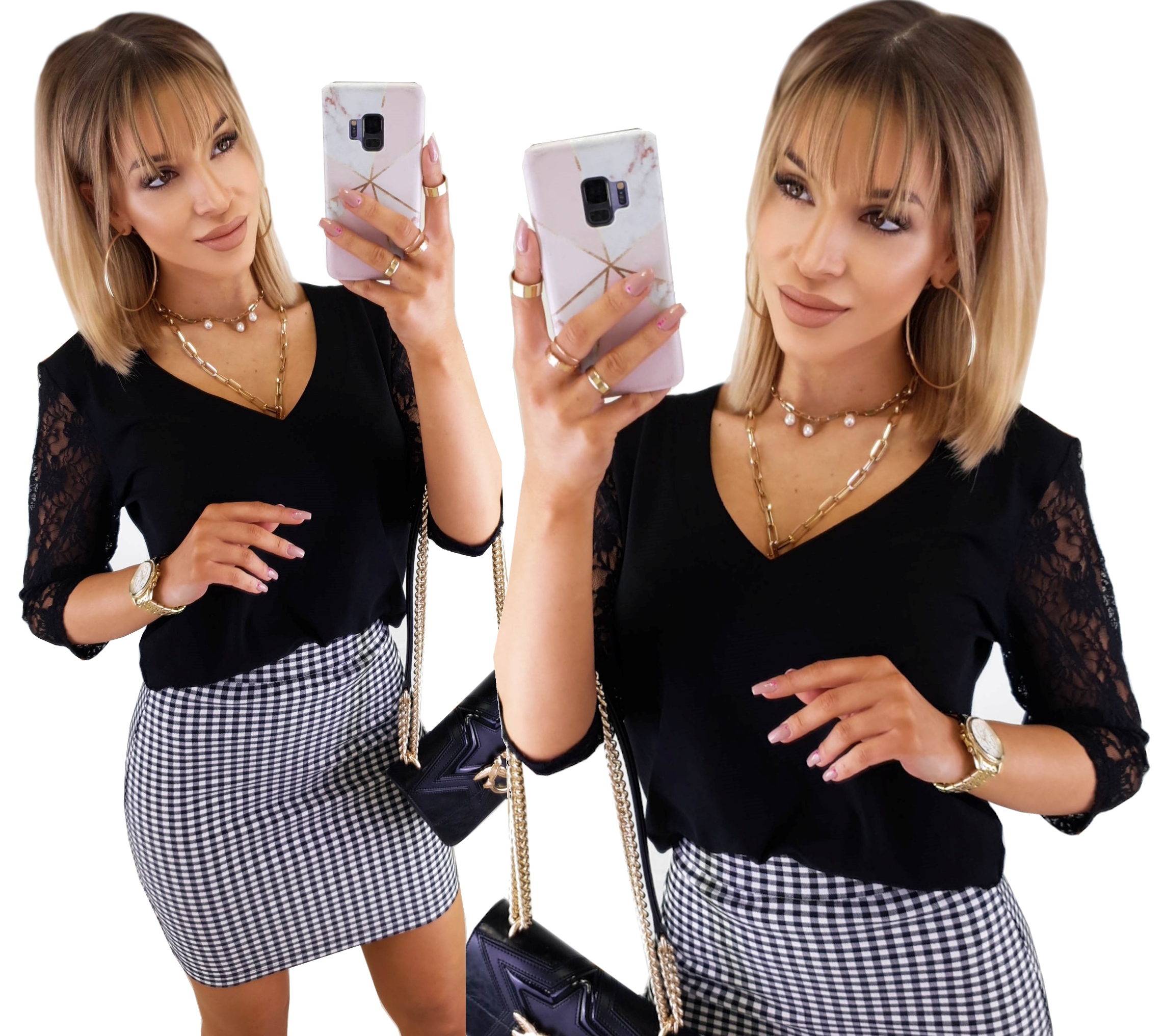 

Kobieca Bluzka Koronka Dekolt V-neck Black White