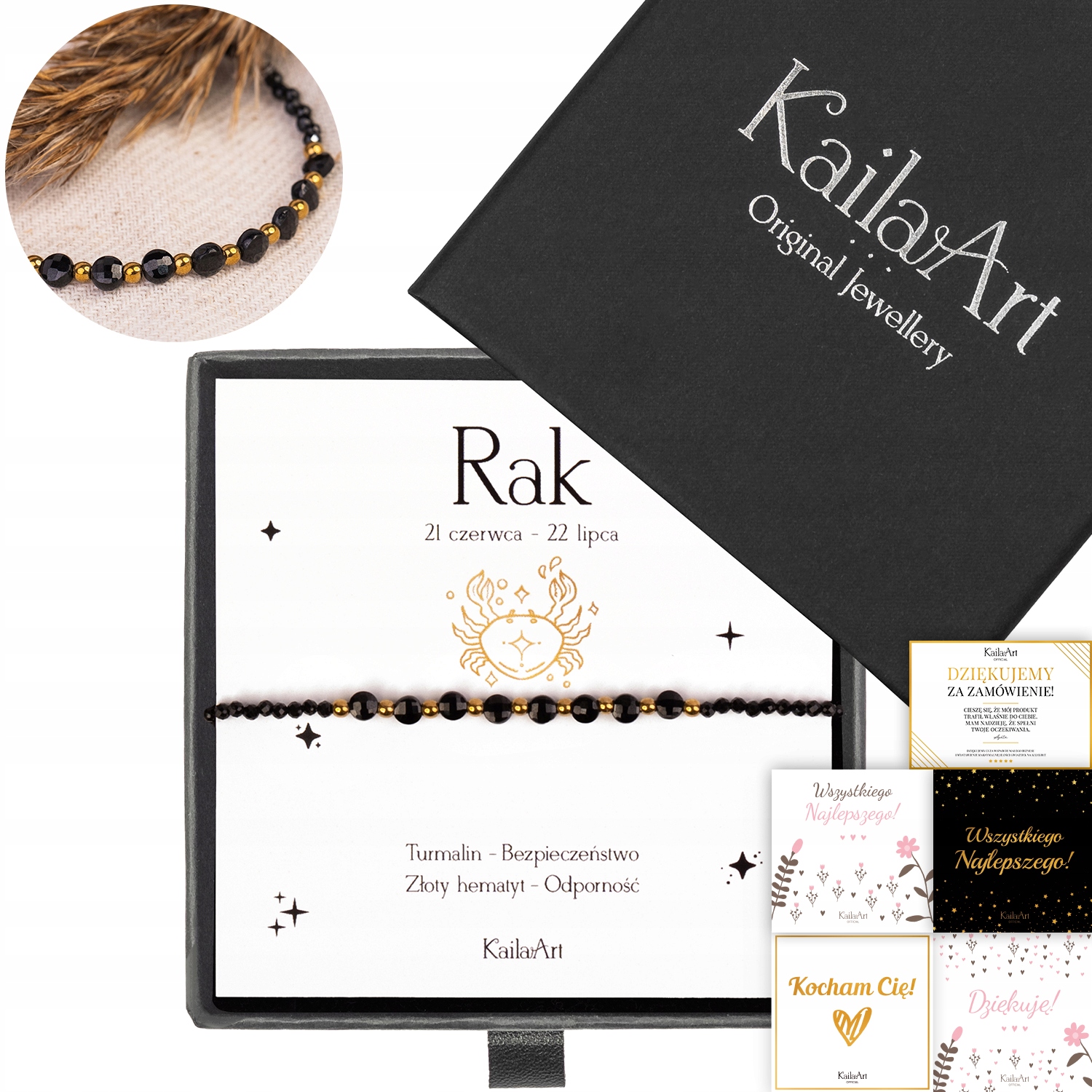 Bransoletka Znak Zodiaku Rak zodiak czarny turmalin hematyt stal damska
