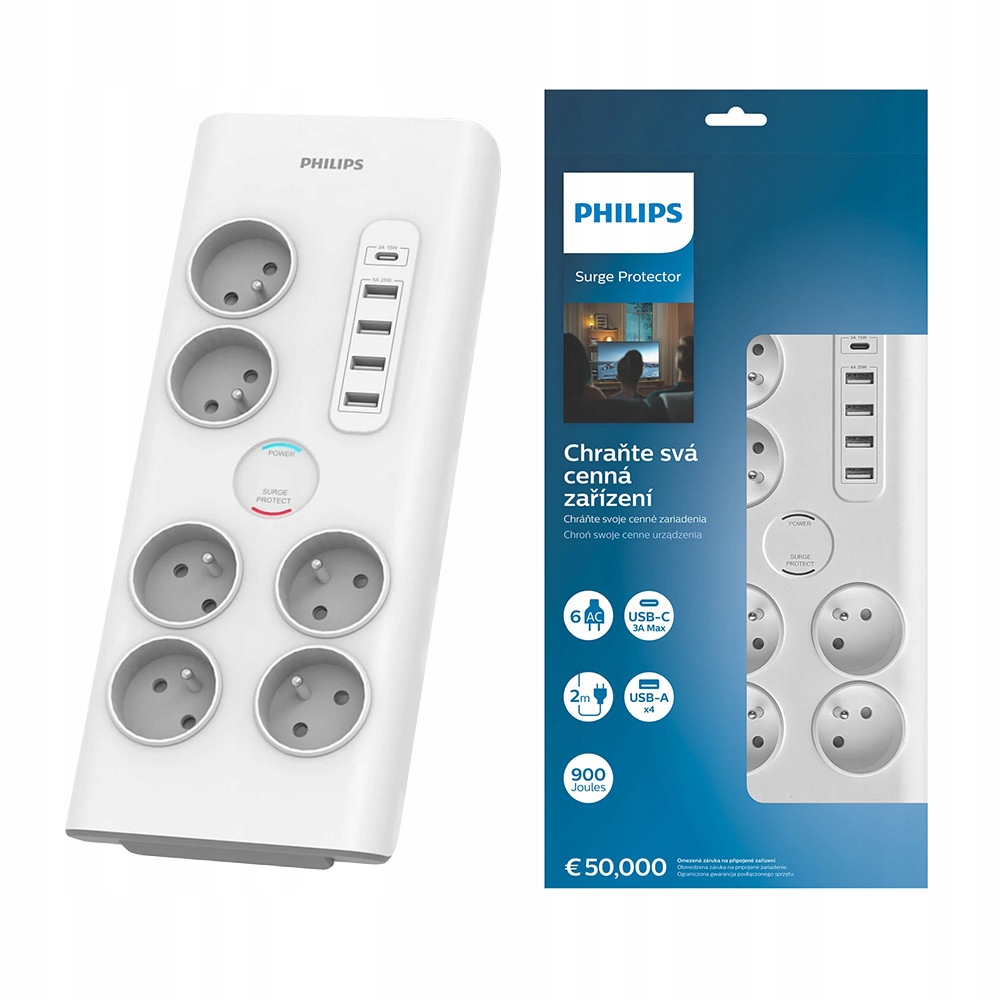 Philips Zásuvková Lišta Prodlužovací Kabel 6 Zásuvek 5 Portů Usb 20W Usb-c 15W