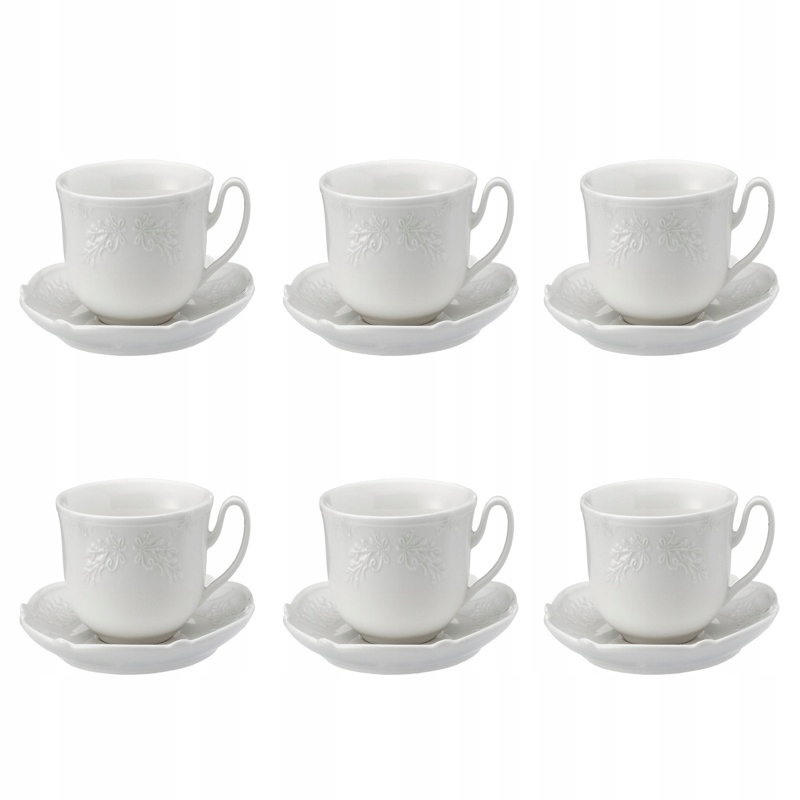 Sada šálok z porcelánu 6 × šálka 6 × tanierik 340 ml komplet biely