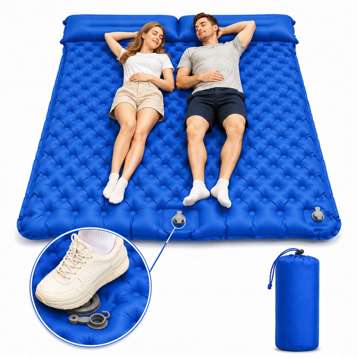 Materac samopompujący turystyczny dwuosobowy 200x120 cm z wbudowaną pompką