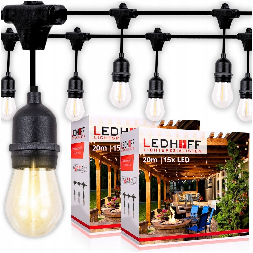 2x svetelná girlanda Záhradné lampy na balkón, terasu 20 m 15x Led žiarovka