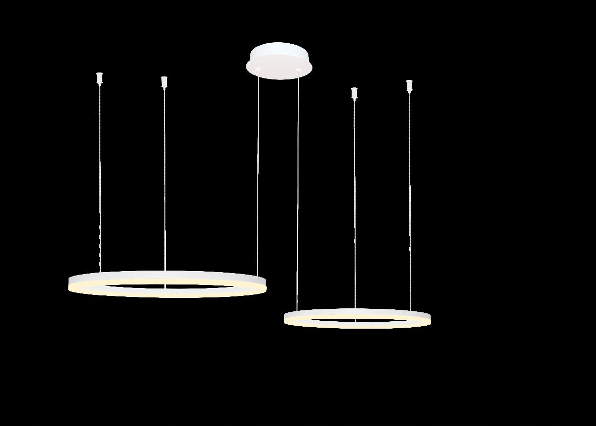 Bílá prostorová lampa Halo s kroužky 80 a 60 cm nad jídelním stolem kuchyně