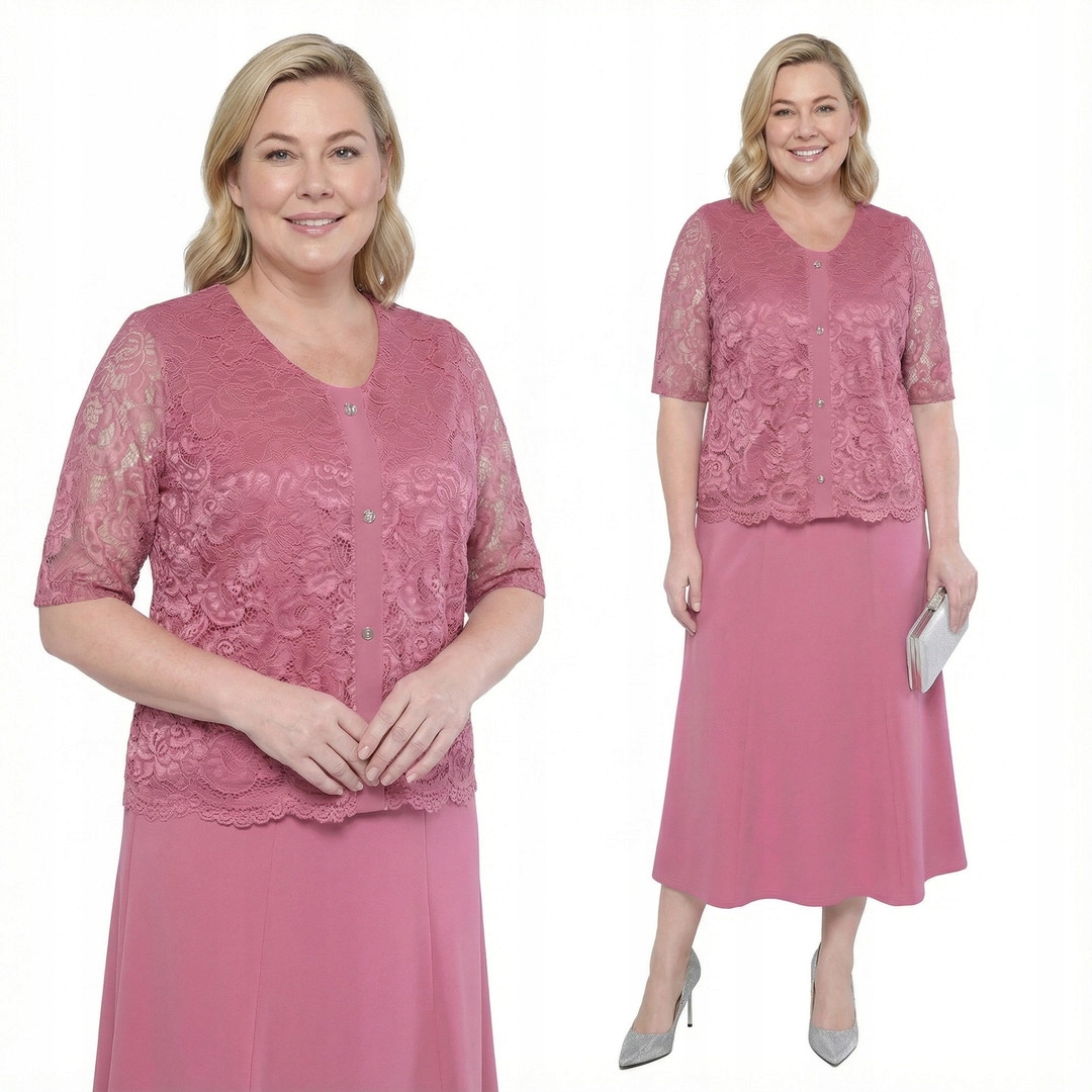 Růžový krajkový komplet s ozdobnými knoflíky plus size, velikost 50