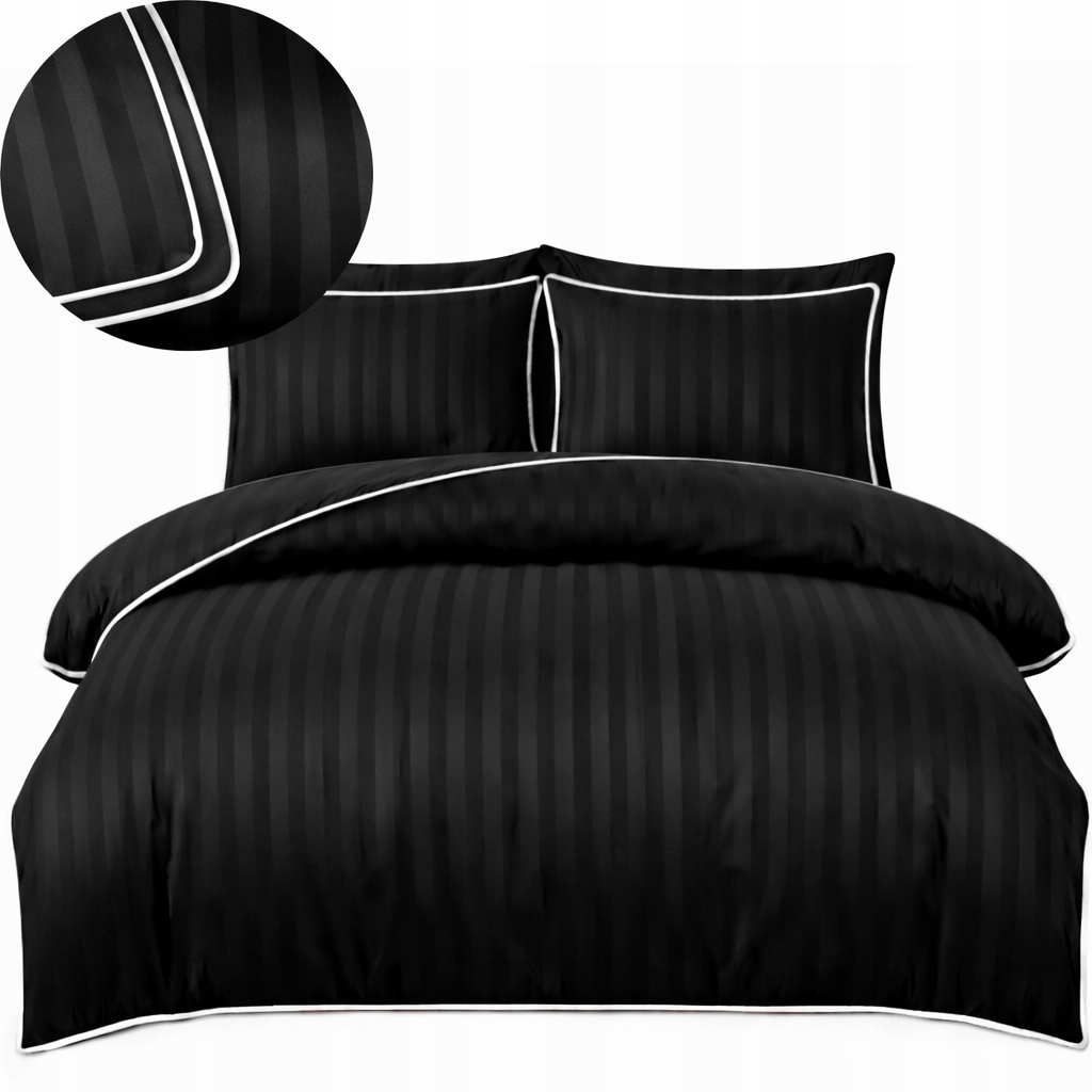 Elegantní povlečení damašek hotelové s pruhy, bílá lemovka 160x200 Černá