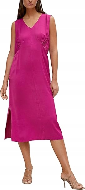 Comma Růžová Šaty MIDI S Výstřihem Do Špičky A Volánky 38 6EA