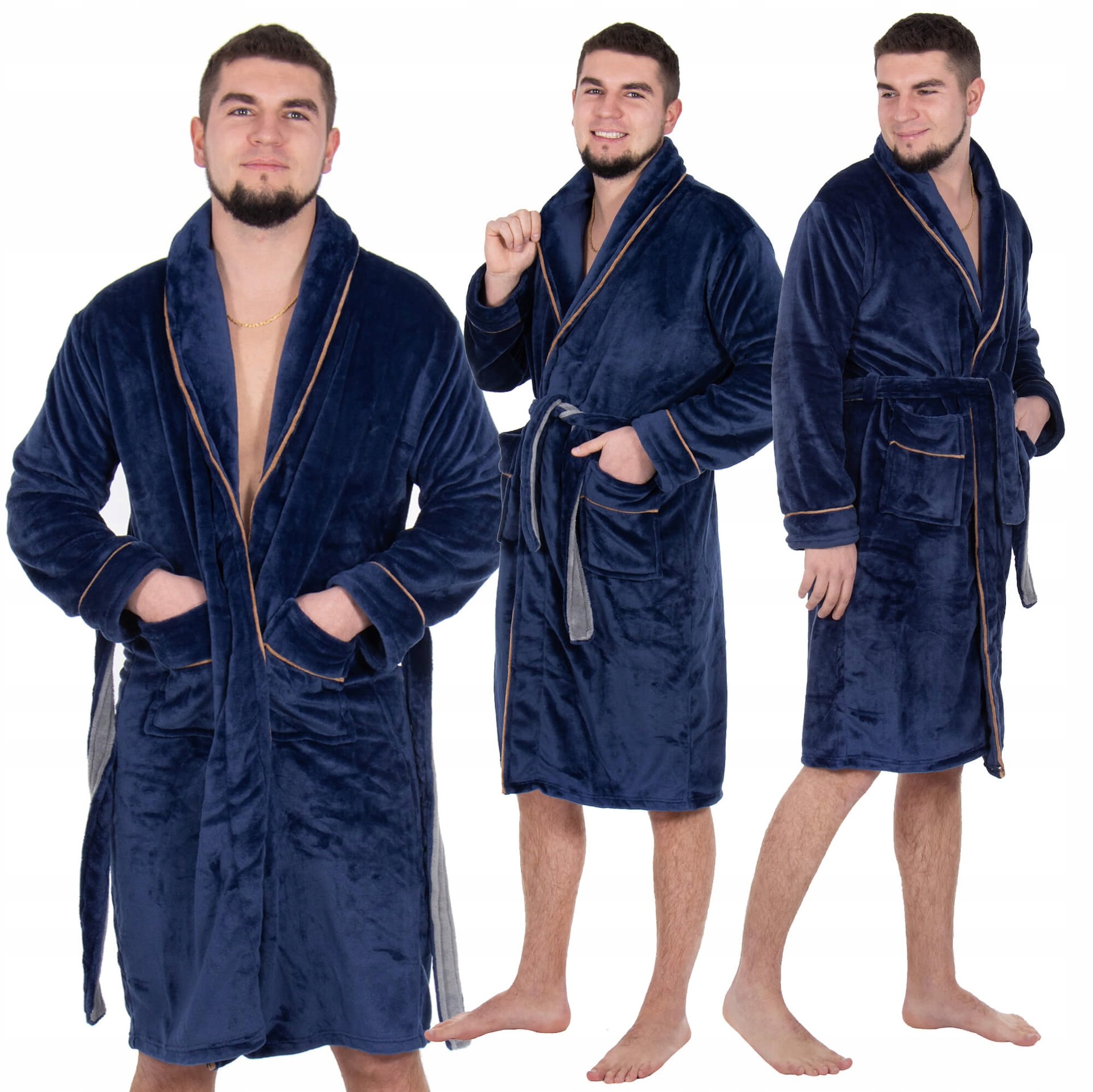 Pánský Župan Premium vel. L/XL Nadýchaný Elegantní Teplý Dlouhý Velur Námořnická Modrá