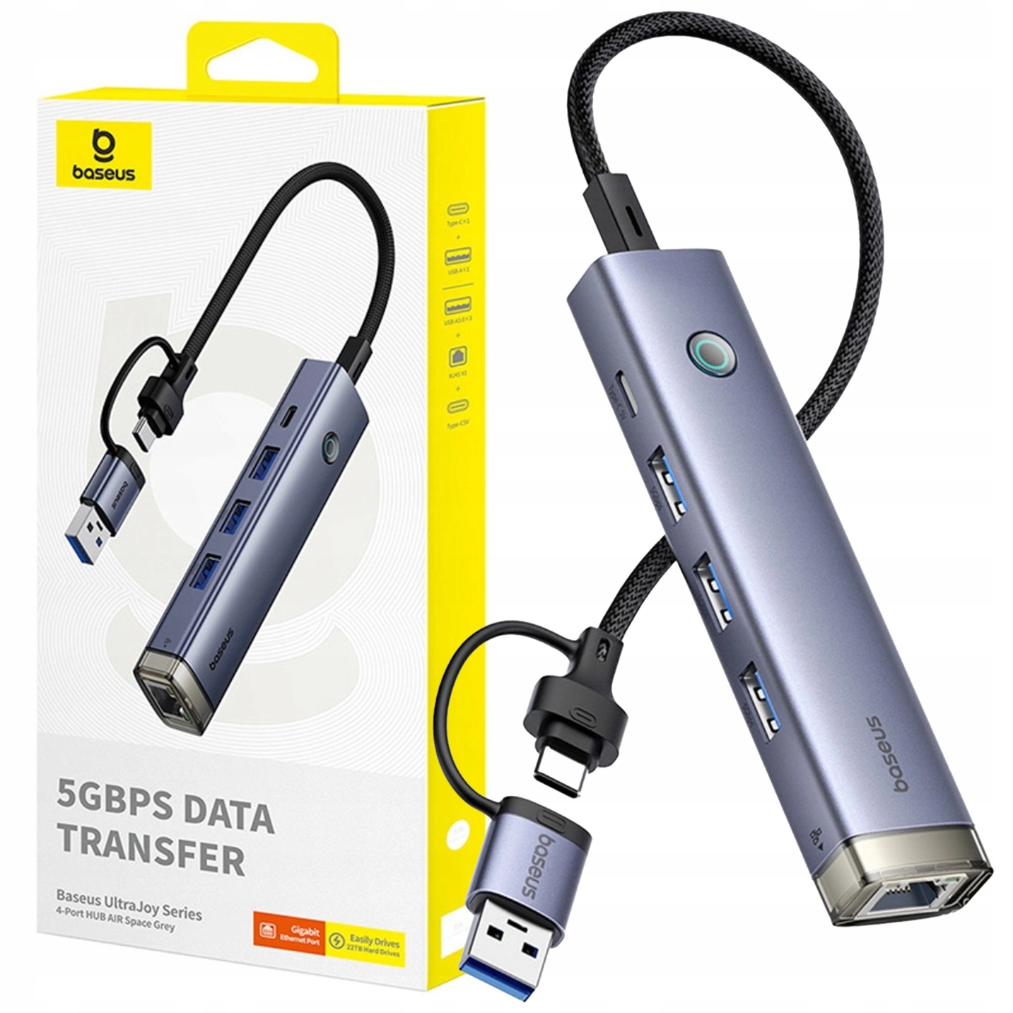 Baseus Hub 4V1 Usb-a Usb-c 3x Usb-a 3.0 RJ45 Ethernet Vstup Usb-c 5V