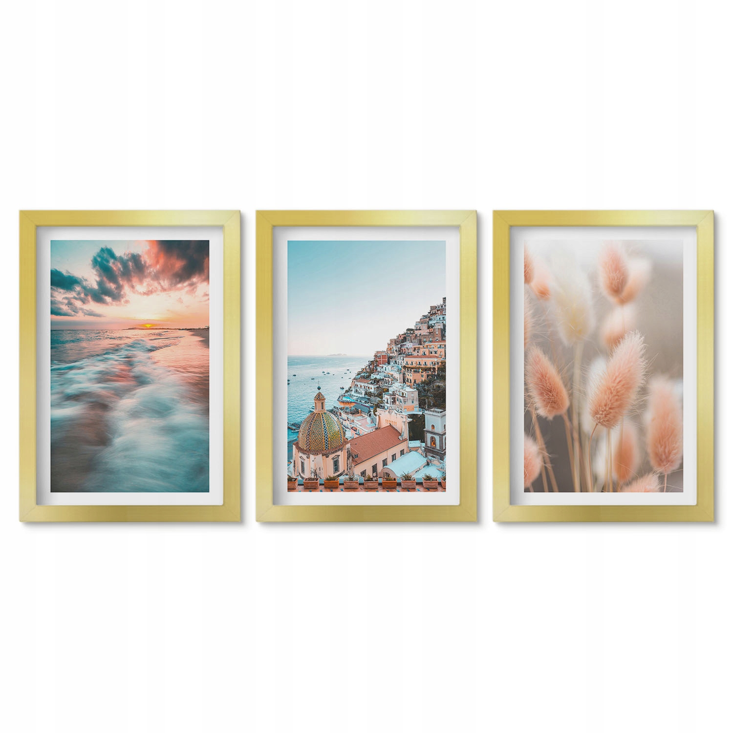 Triptych Sada 20x30 obrazů na zeď Moře západ slunce domy květiny