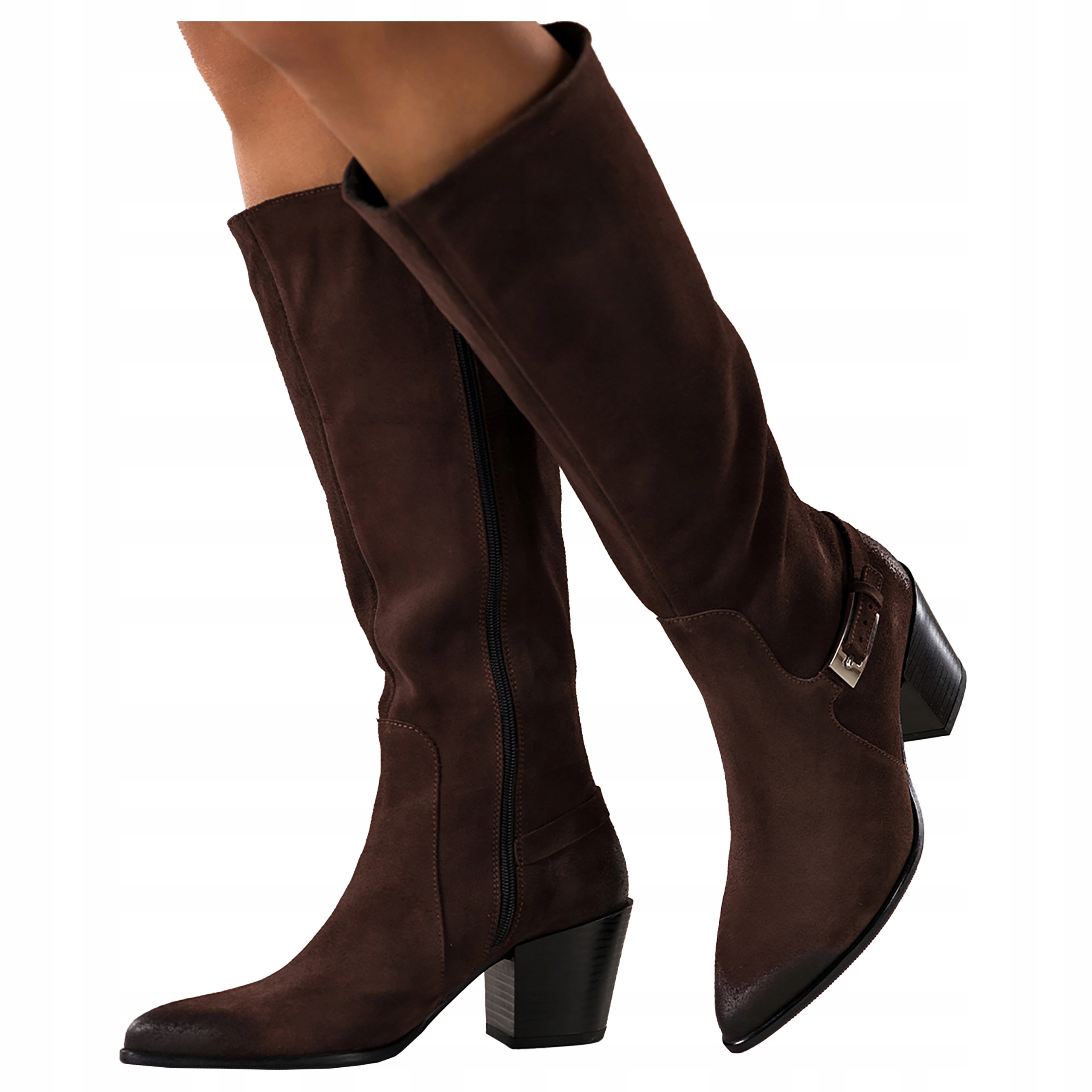 Dámské čokoládové kožené kozačky Kovbojské Boty Pohodlné Široká kostka vel. 40