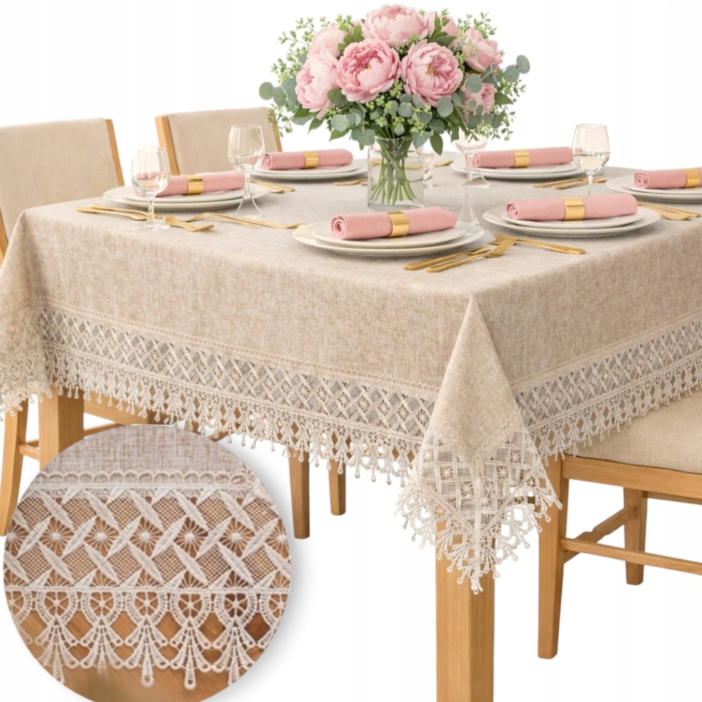 Hladký ubrus Béžový klasický elegantní s krajkou na Vánoce 150x260 na stůl