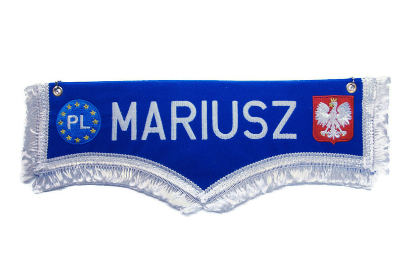 Zawieszka Proporczyk haftowany imienny Mariusz niebieski (biały)