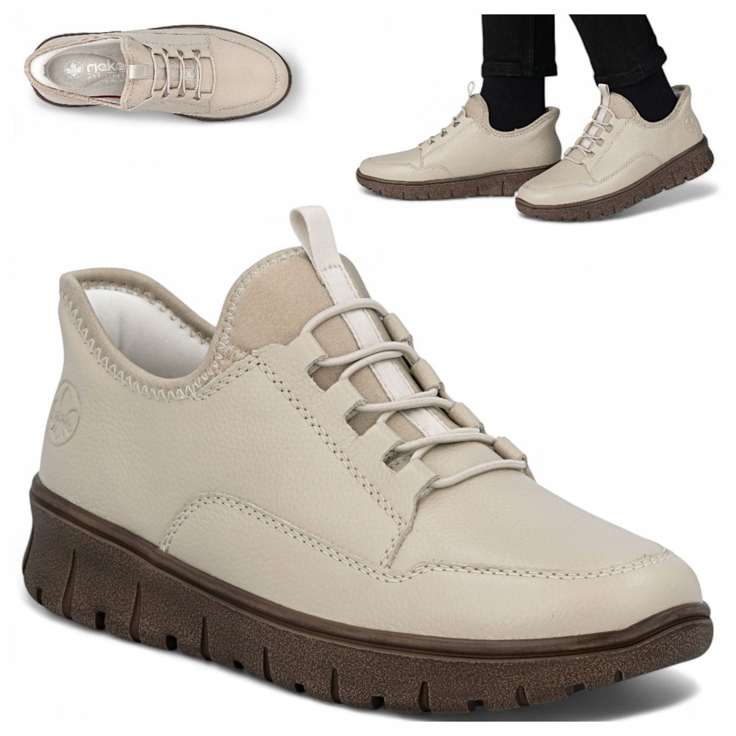 40 Rieker Kožené Dámské sportovní tenisky Široké nazouvací polobotky Béžová