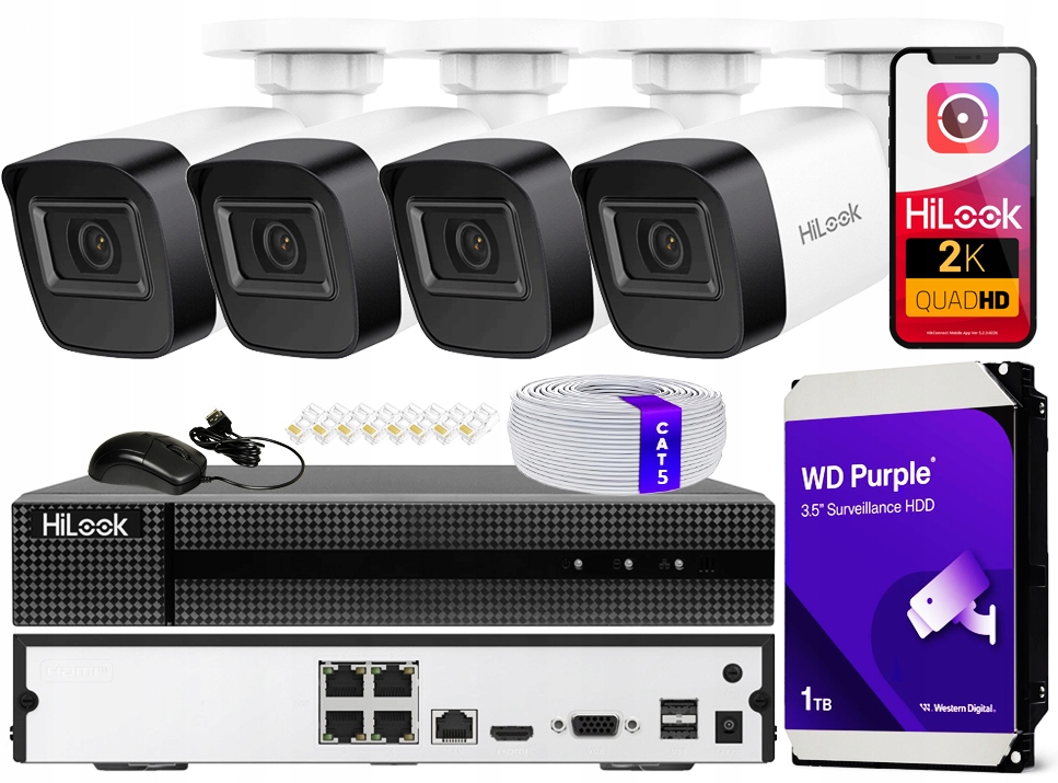 Sada Na Monitorovanie 4 Tubusových Ip Kamier 4MPX Poe Hilook Hikvision Externý